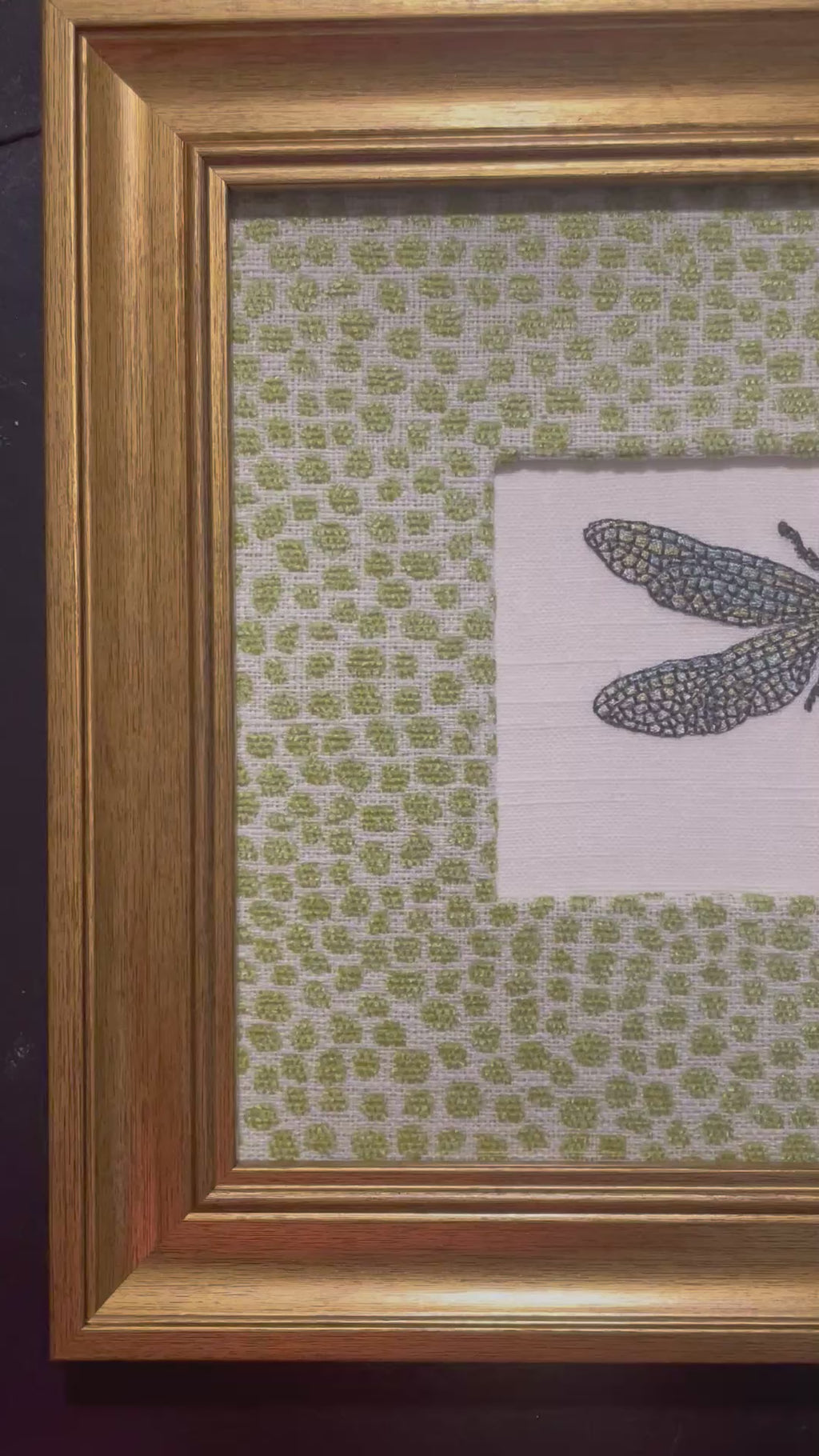 Embroidered Dragonfly Wall Art — Gold Frame with Ballard Designs Pear Tully Fabric Mat