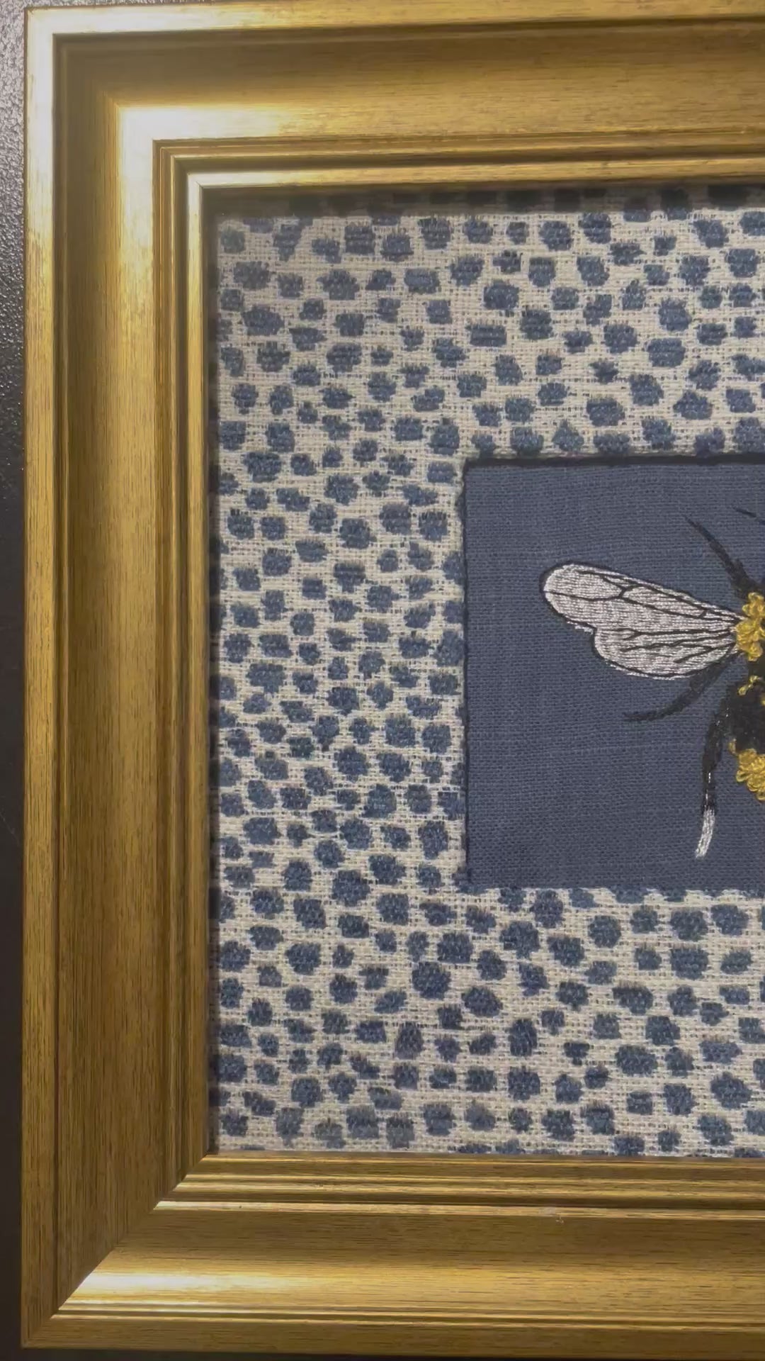 Embroidered Bee Wall Art — Gold Frame with Ballard Designs Blue Tully Fabric Mat