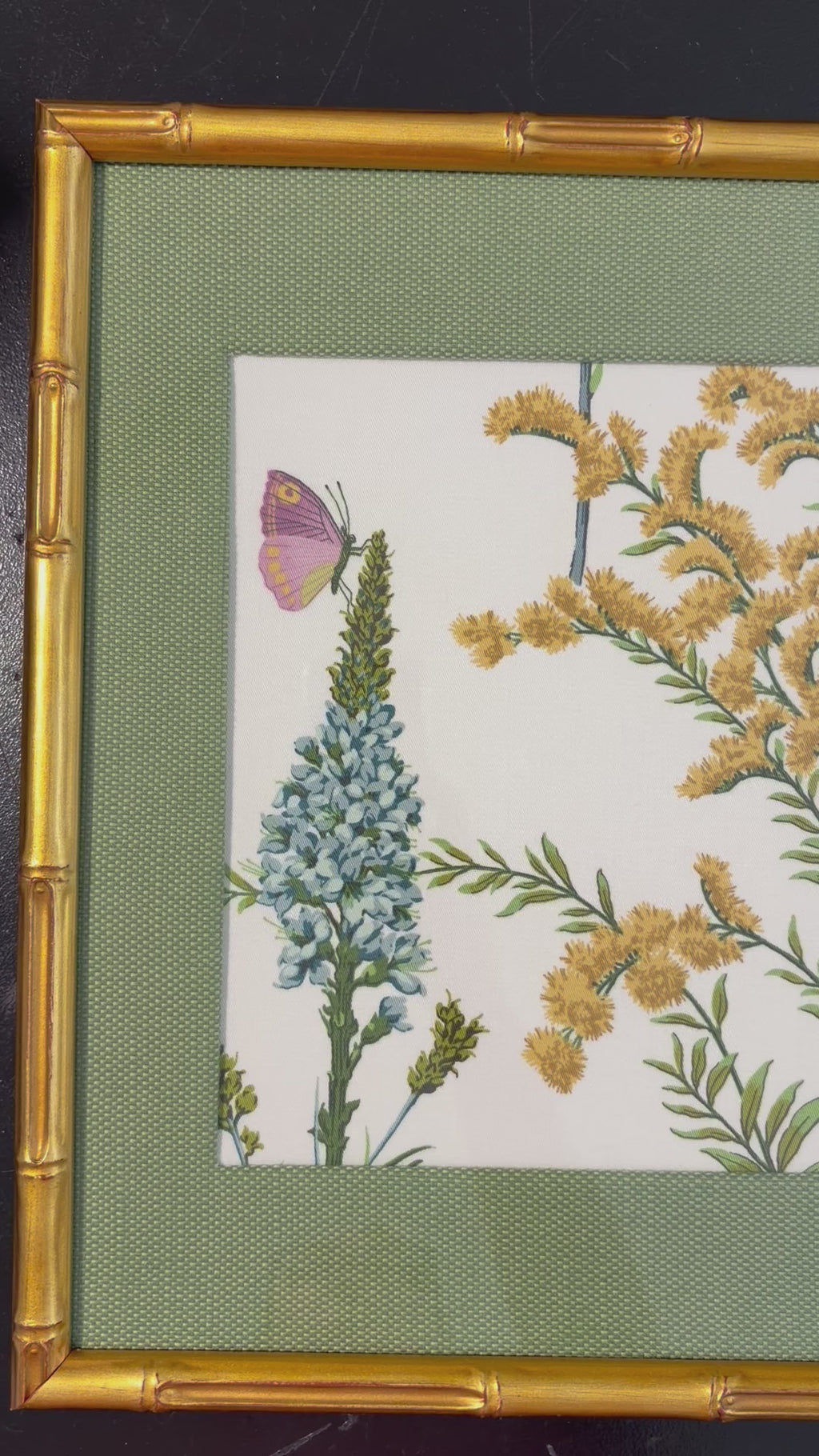 Isabella Green Butterfly & Blue Floral Fabric Art, Callen Green Mat, 12x15 Gold Frame