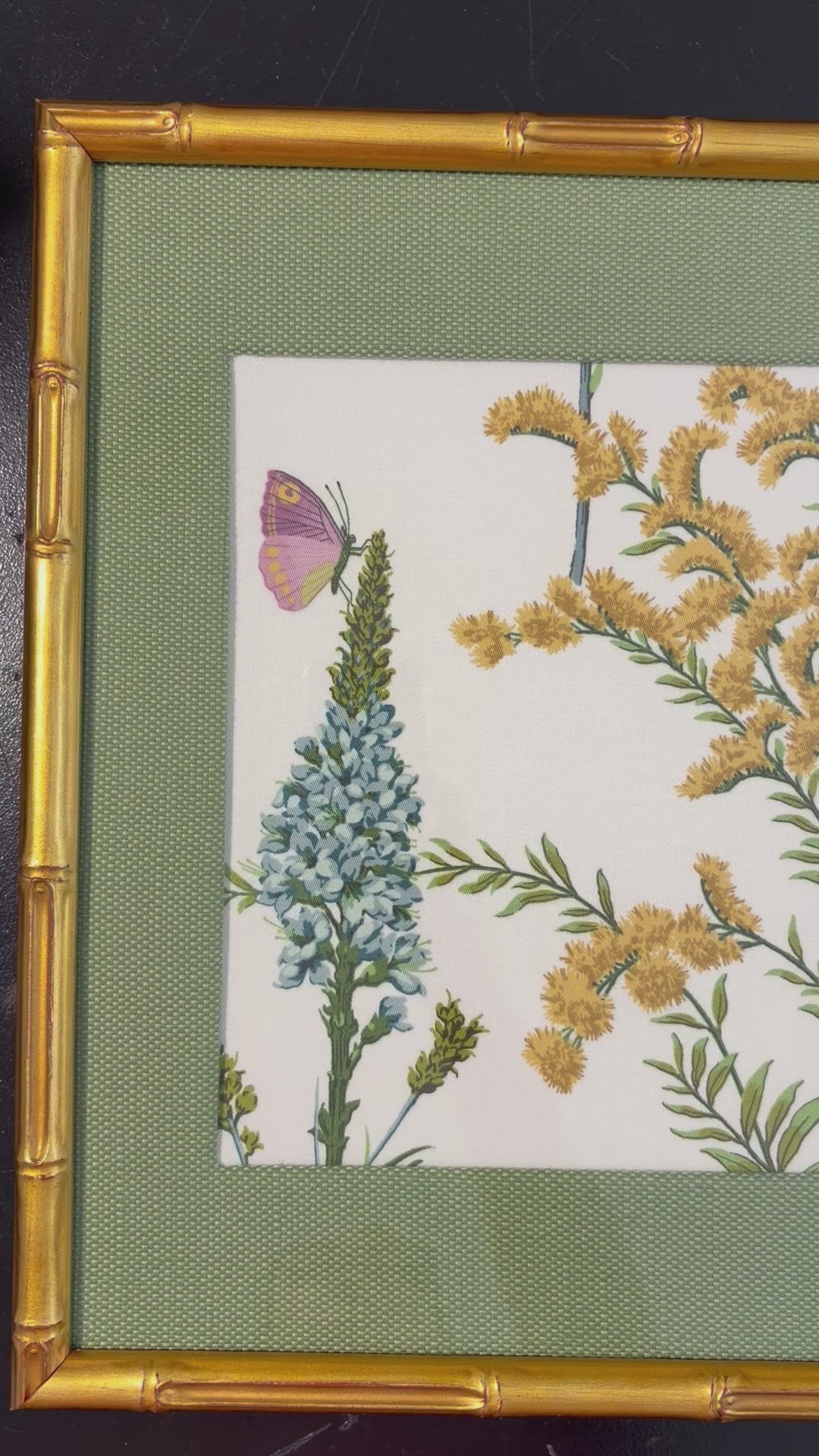 Isabella Green Butterfly & Blue Floral Fabric Art, Callen Green Mat, 12x15 Gold Frame