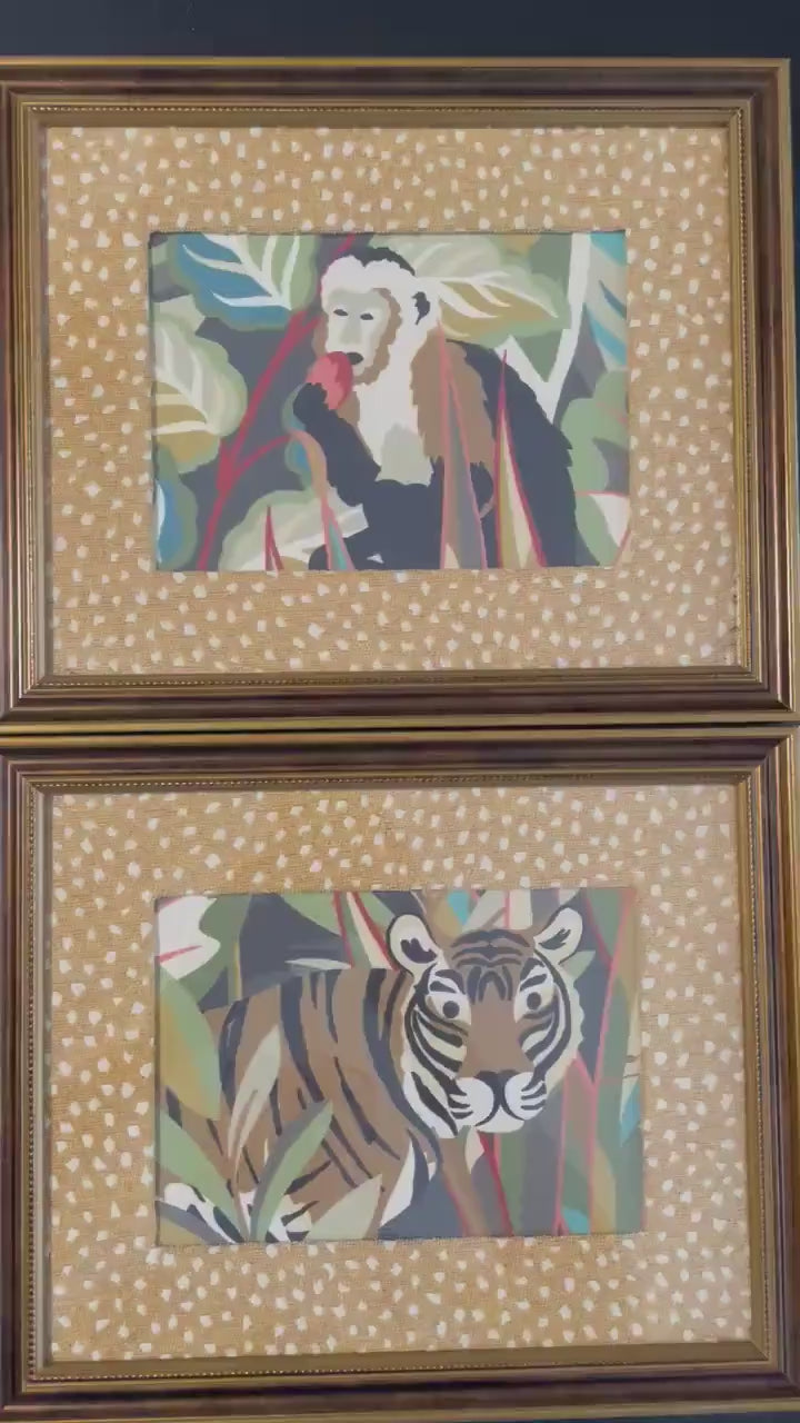 Pair of Safari Fabric Art Prints – Tiger, Monkey, Jungle Decor