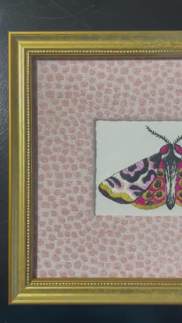 Custom Embroidered Butterfly Moth Wall Art, Ballard Design Rose Quartz Fabric Mat, Gold Frame Decor