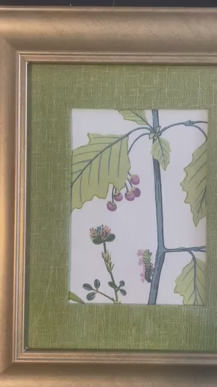 Pair of Ballard Designs Isabella Fabric Art, Gold Frame with custom Olive Linen matting