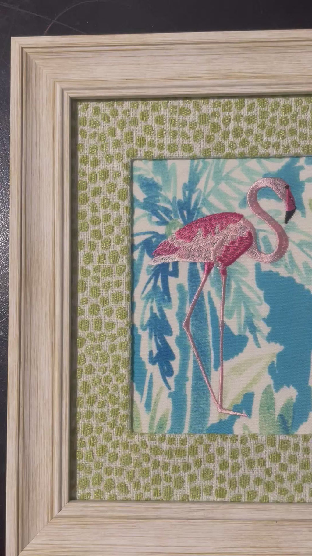 Framed Embroidered right facing flamingo with Custom Ballard Designs TULLY Pear Fabric Matting
