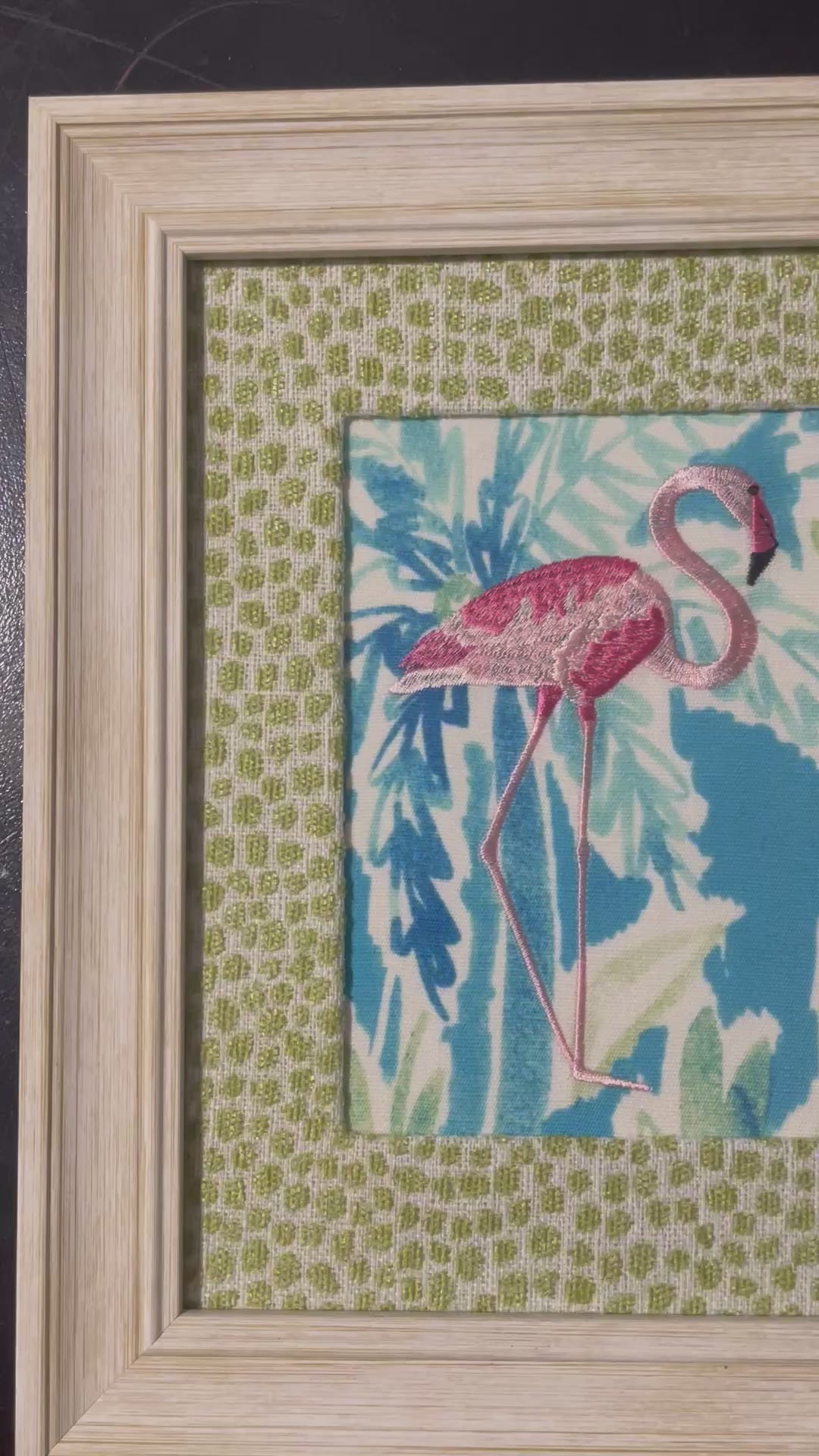 Framed Embroidered right facing flamingo with Custom Ballard Designs TULLY Pear Fabric Matting
