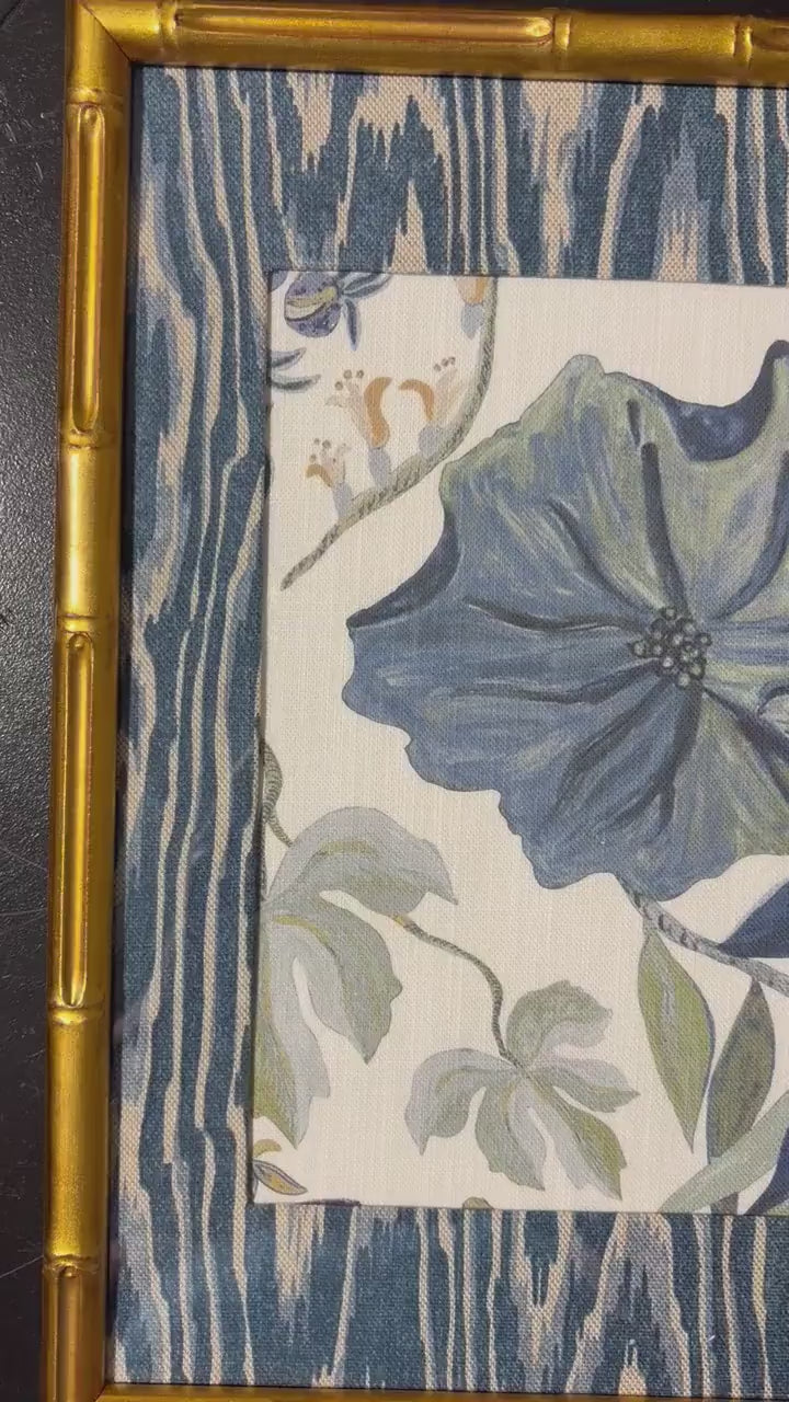 Custom Framed Ballard Designs Fabric Art: Isadore Blue Floral, Darcy Blue Ikat Mat