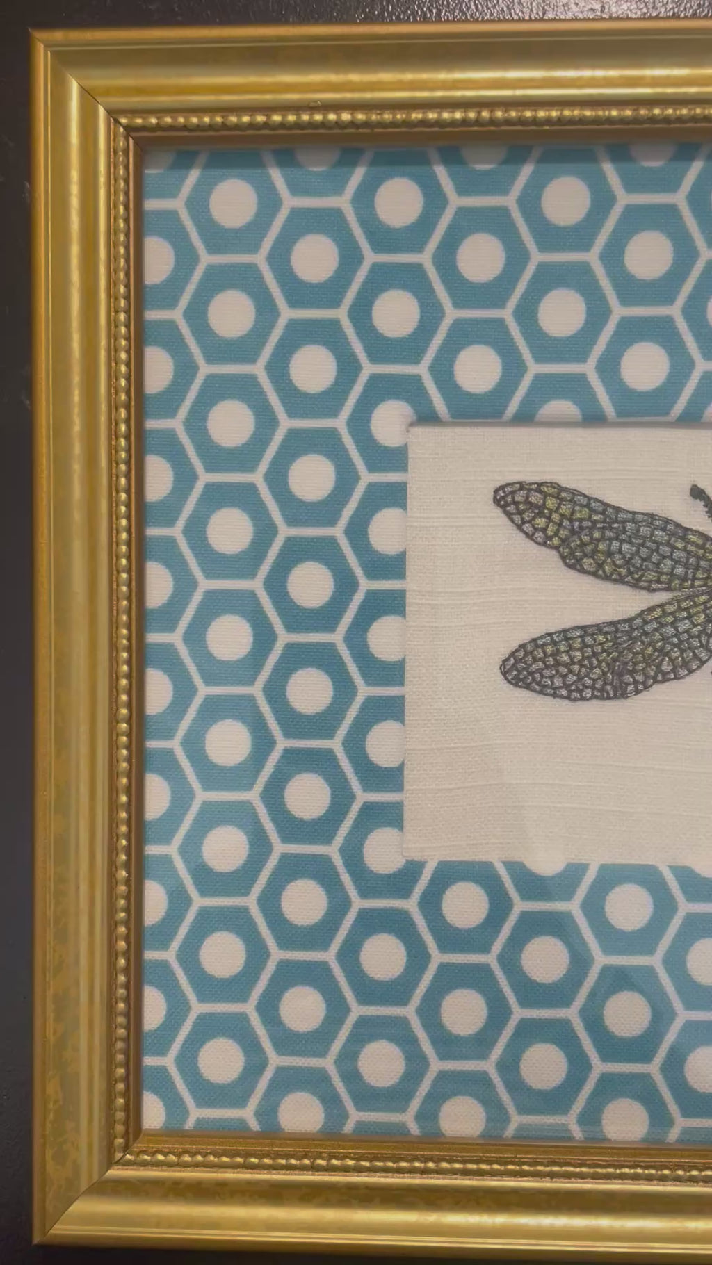 Embroidered Dragonfly surrounded by Schumacher Queen B Custom Fabric Mat
