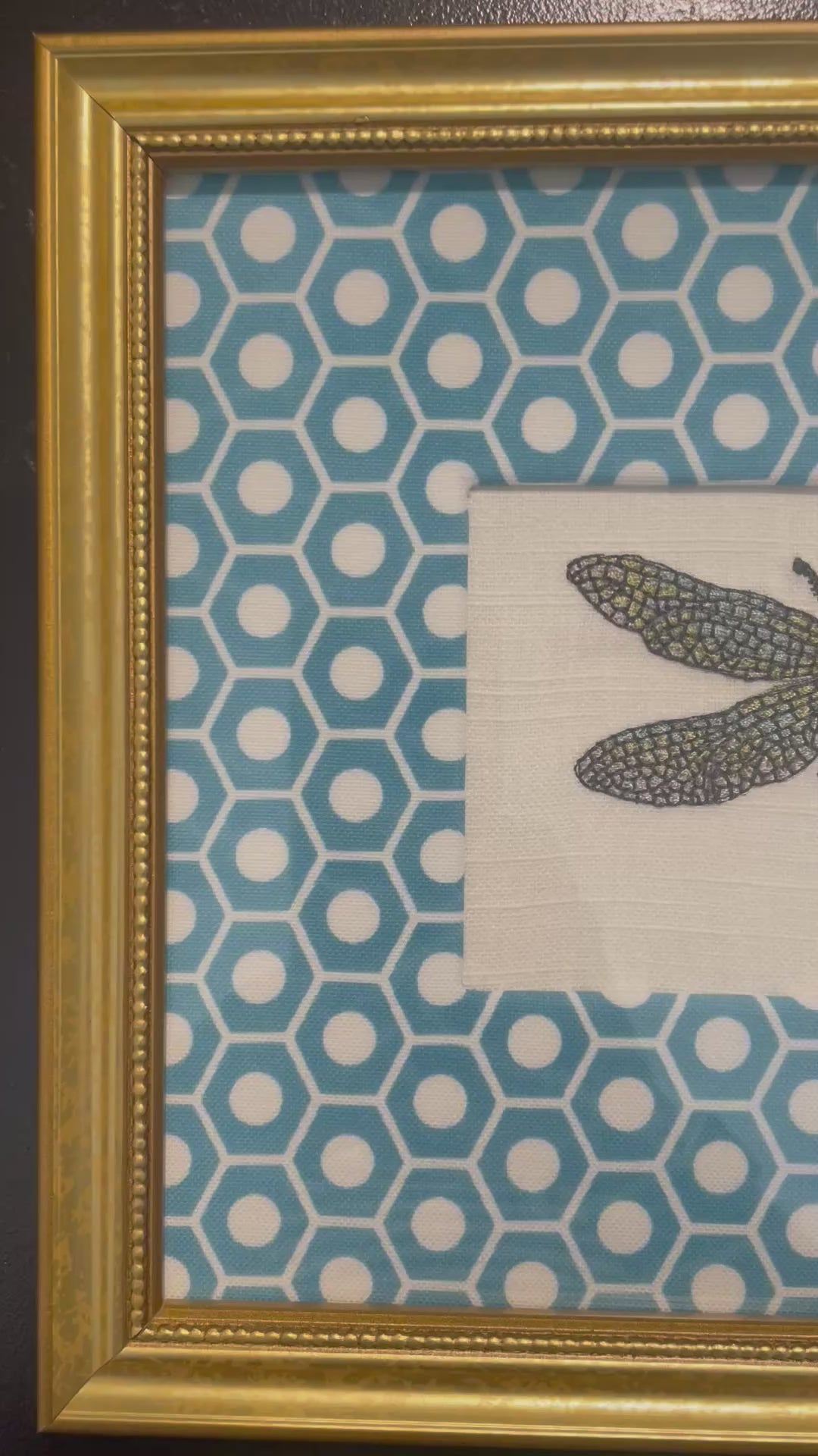 Embroidered Dragonfly surrounded by Schumacher Queen B Custom Fabric Mat