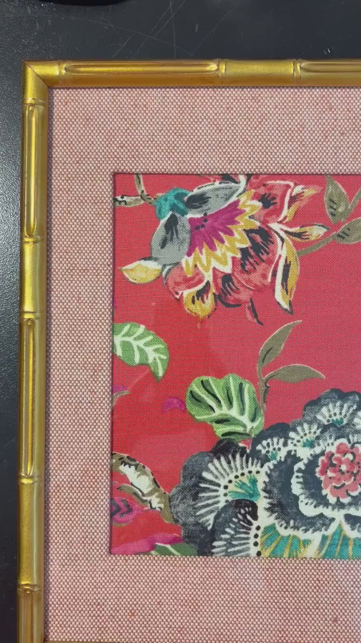 Maximalist Coral Red Floral Fabric Art in Gold Bamboo Frame - Peony & Tropical Foliage Wall Decor 12x15
