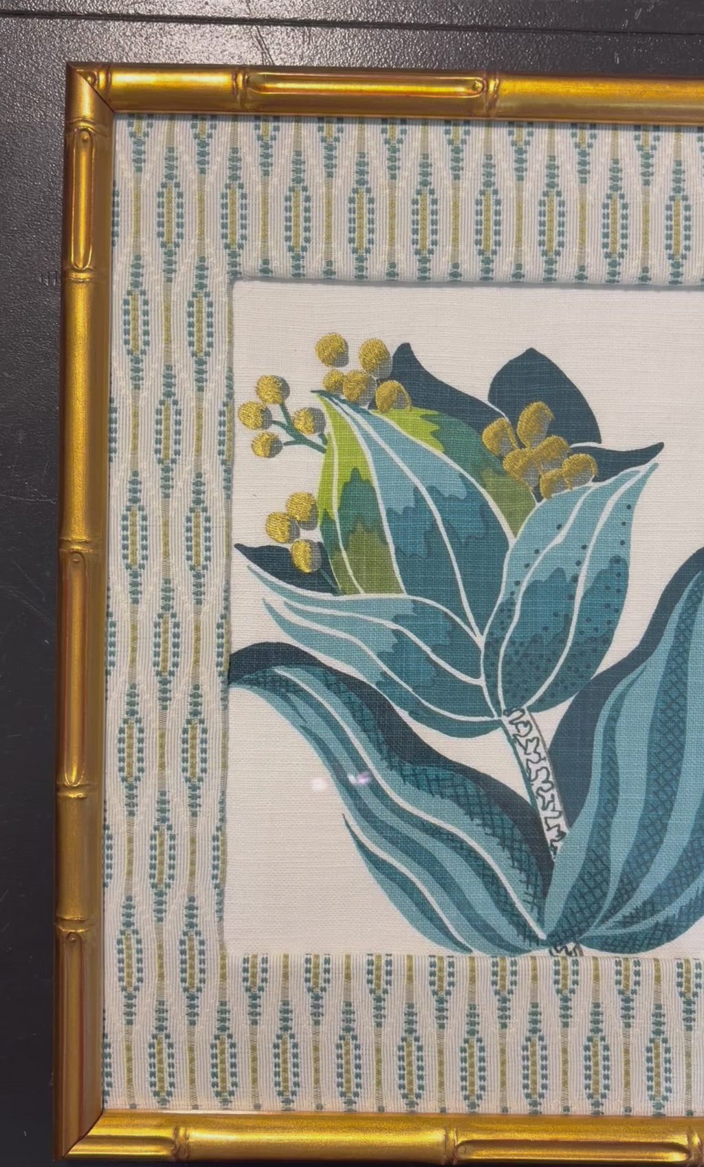 Pair of Custom Ballard Designs Emmie Fabric Wall Art — 12x15 Bamboo Gold Frame