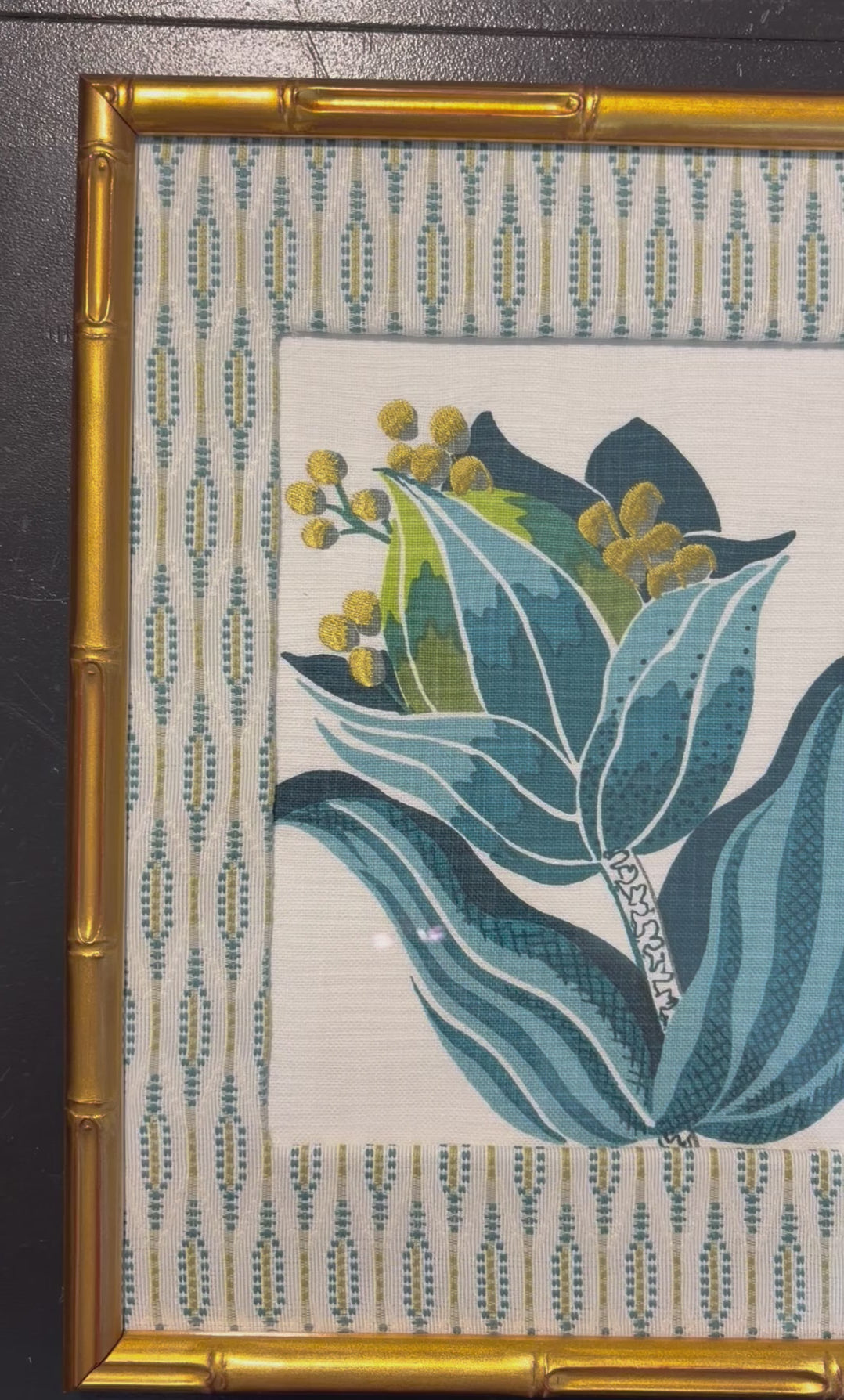 Pair of Custom Ballard Designs Emmie Fabric Wall Art — 12x15 Bamboo Gold Frame