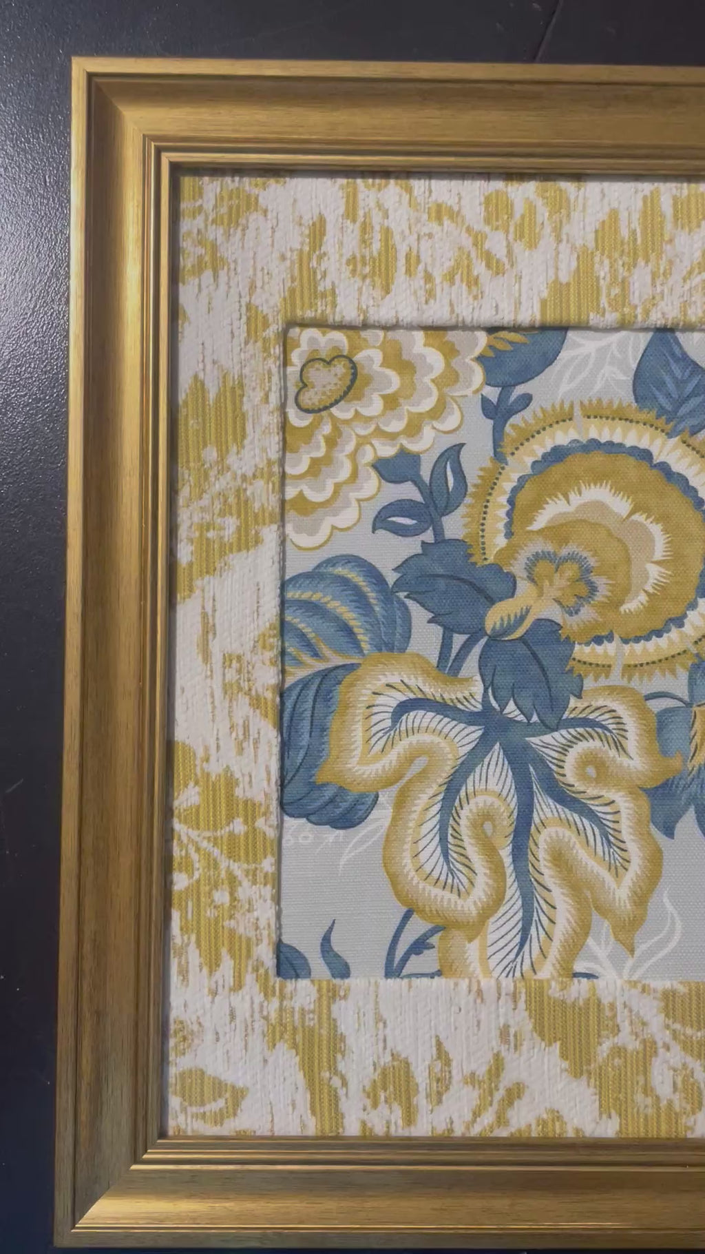 Gold Medallion Bloom — Welling Blue Fabric Framed Wall Art, 13x16 Gold Frame