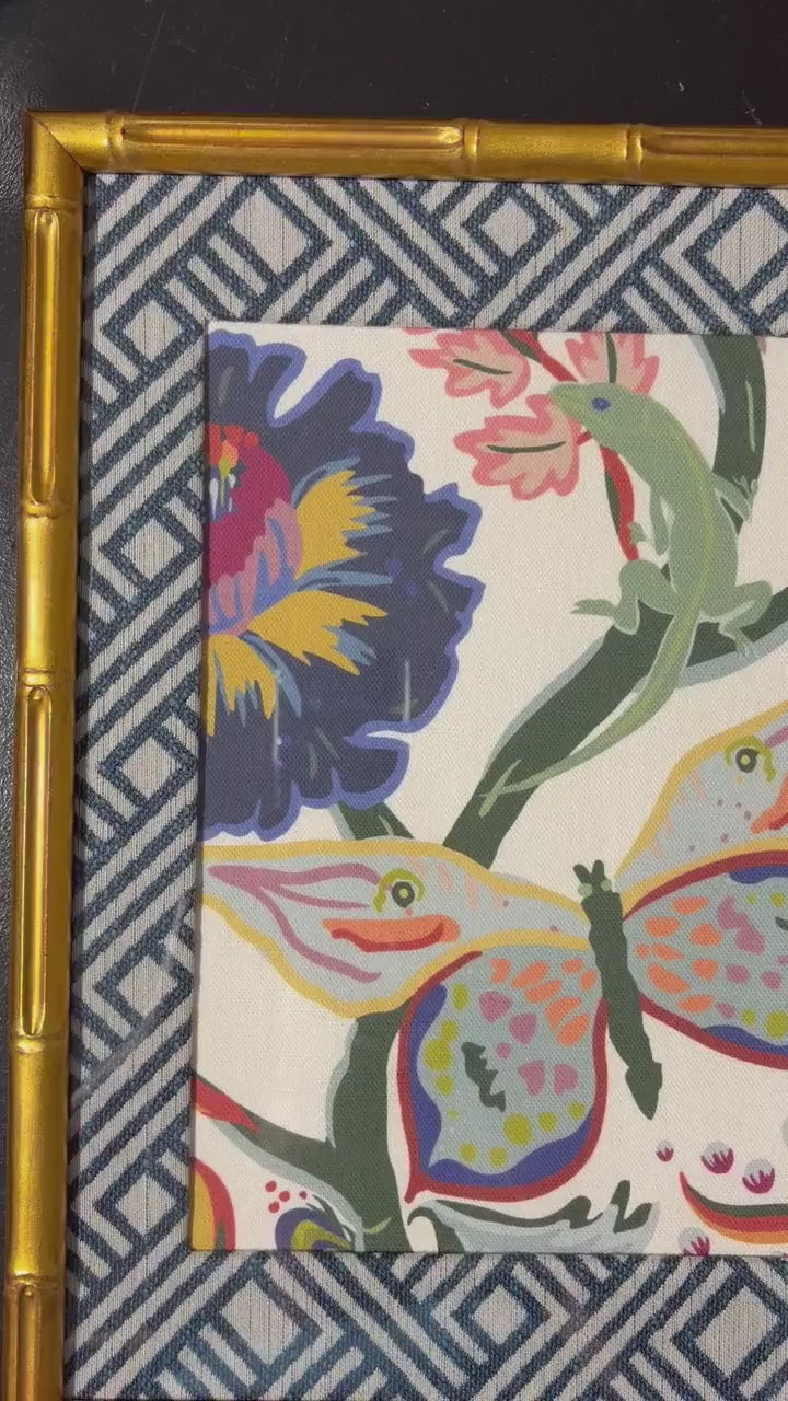 Ballard Designs Butterfly Lizard Fabric Framed Wall Art 12x15 Gold Bamboo Frame Millie Decor