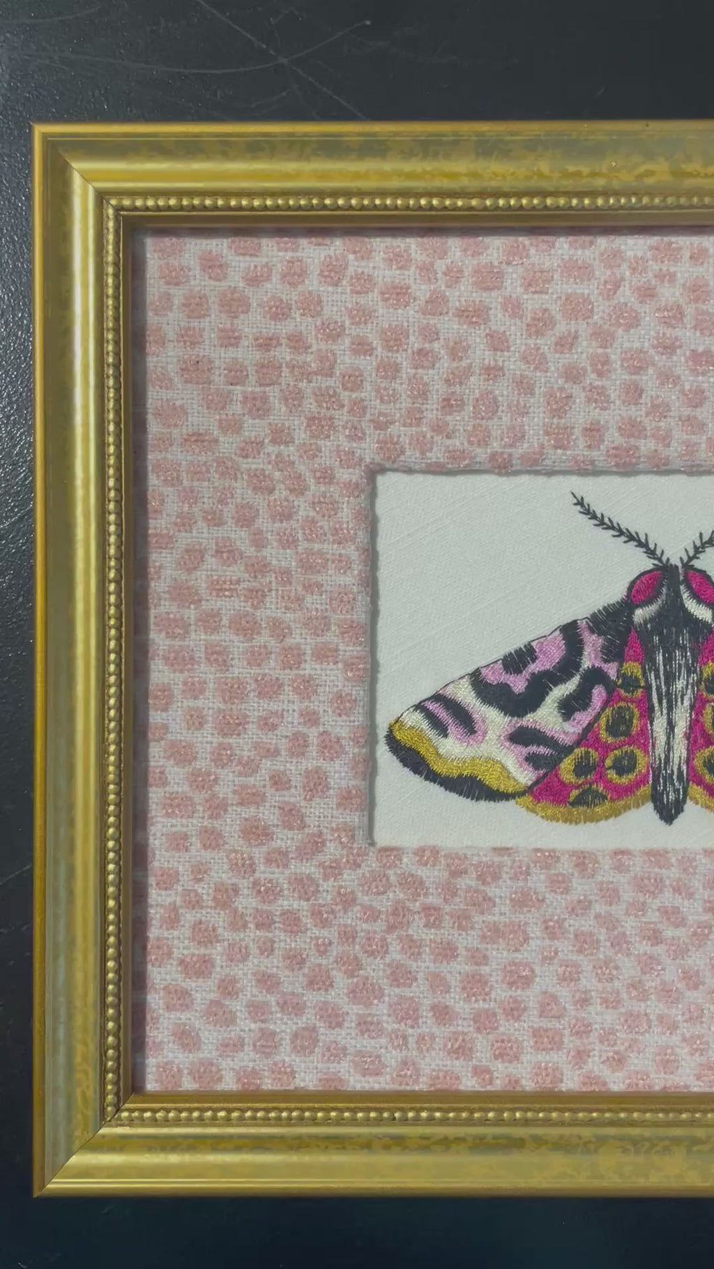 Custom Framed Embroidered Butterfly Moth Art, Ballard Designs TULLY Rose Quartz Fabric Mat