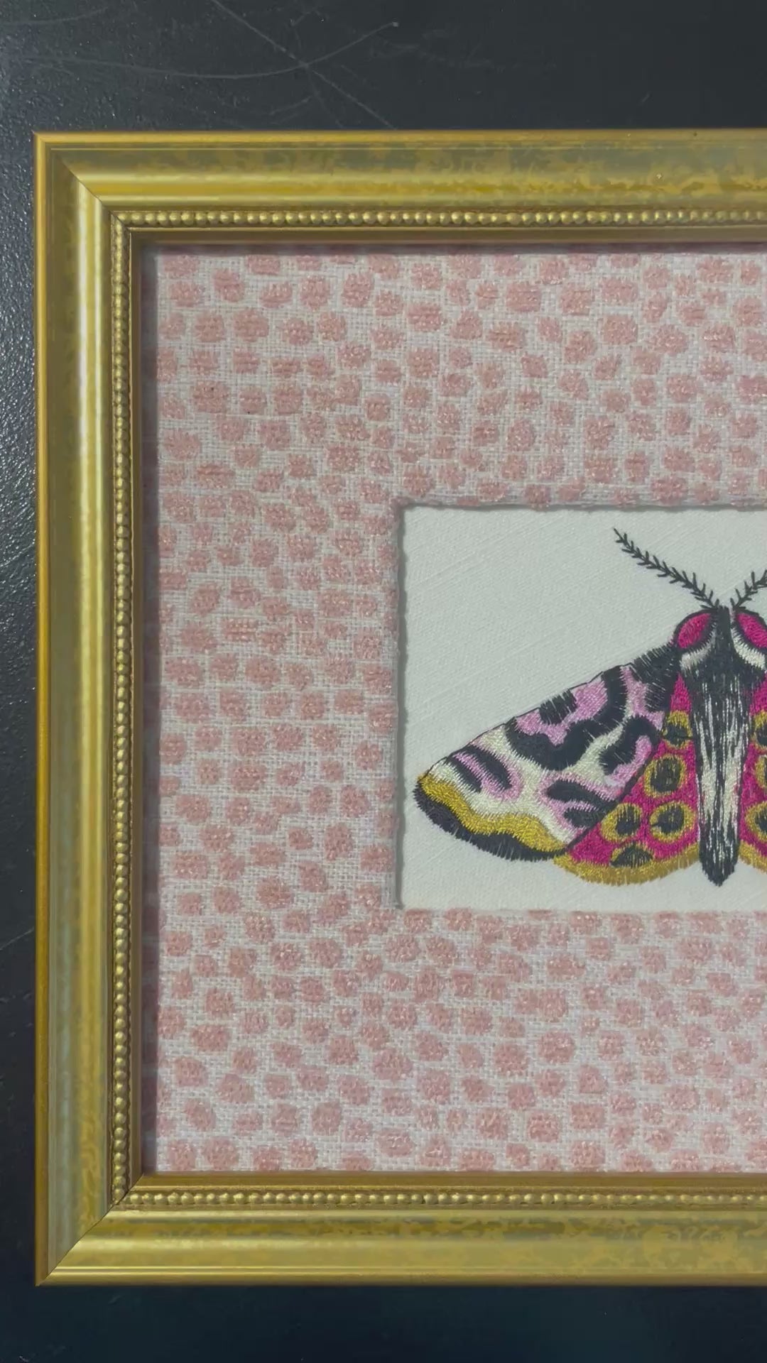 Custom Framed Embroidered Butterfly Moth Art, Ballard Designs TULLY Rose Quartz Fabric Mat