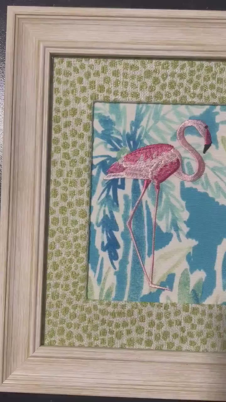 Embroidered Flamingo Art Pair | Ballard Designs Tully Fabric, Whitewashed Frame