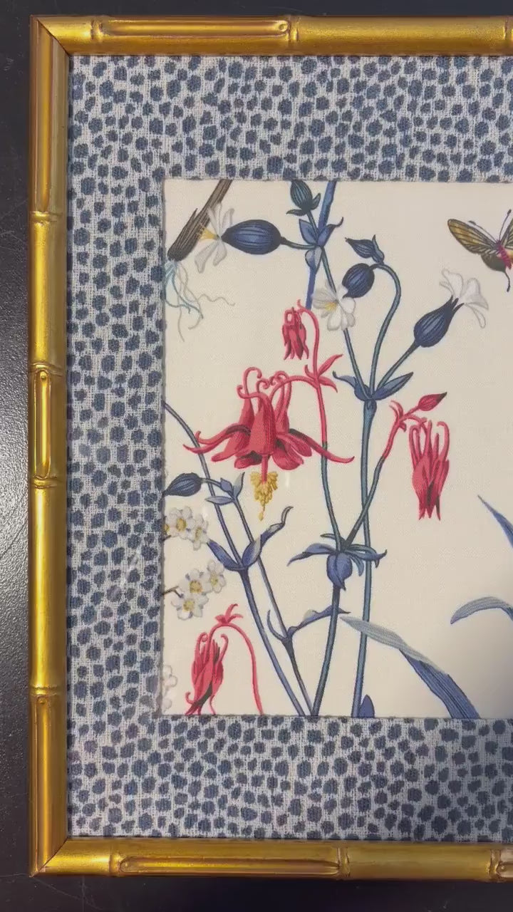 Custom Ballard Designs Isabella Blue Fabric Art with Tully Matting in Gold Bamboo Frame, 12x15 Wall Decor