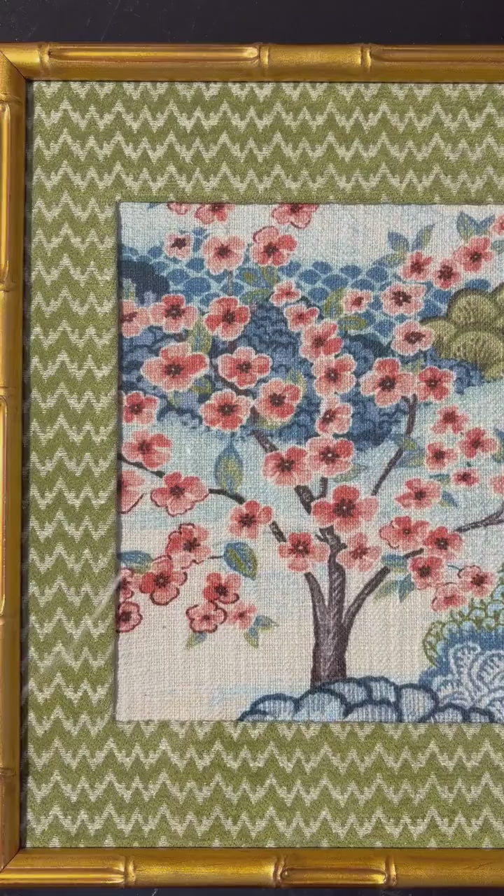 Chinoiserie Cherry Blossom Fabric Art – Wasabi Mat, Gold Bamboo Frame (12×15)