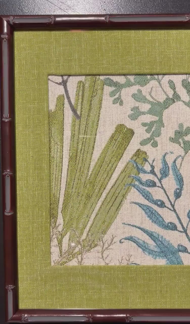 Fan Palm & Teal Botanicals — Wakame Fabric Wall Art, 12x15 Mahogany Bamboo Frame