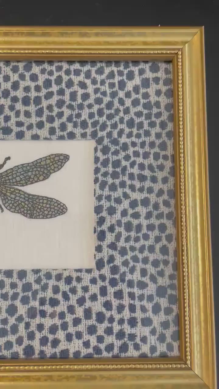 Dragonfly Framed Art with Tully Blue Ballard Designs Fabric Mat | Gold Framed Wall Decor