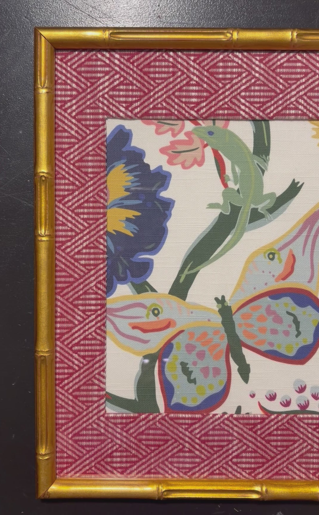 Pair of Custom Ballard Designs Millie Fabric Wall Art with custom mat— 12x15 Bamboo Gold Frame