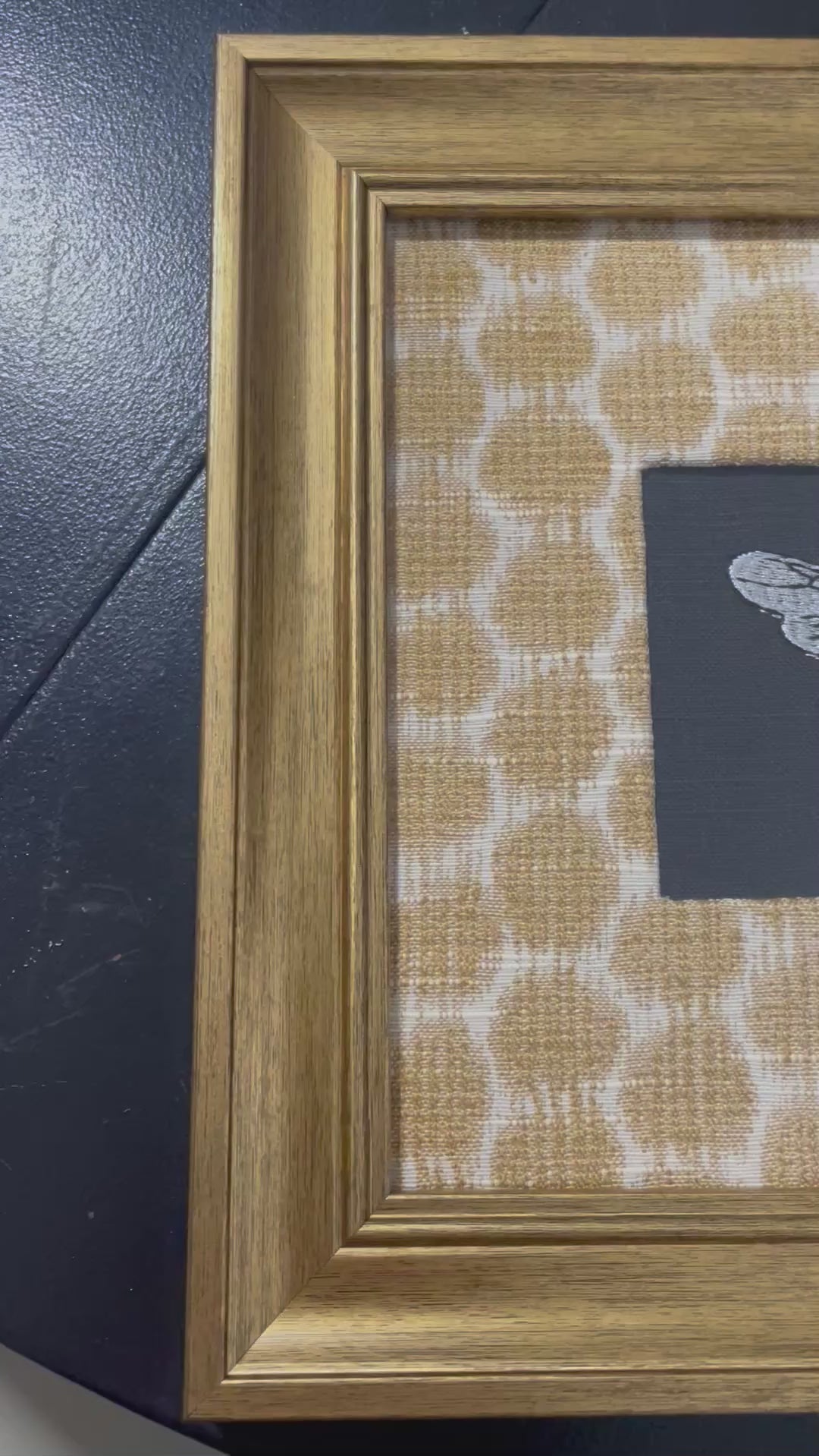 Bumblebee on Black — Embroidered Wall Art, Gold Frame with Honeycomb Fabric Mat