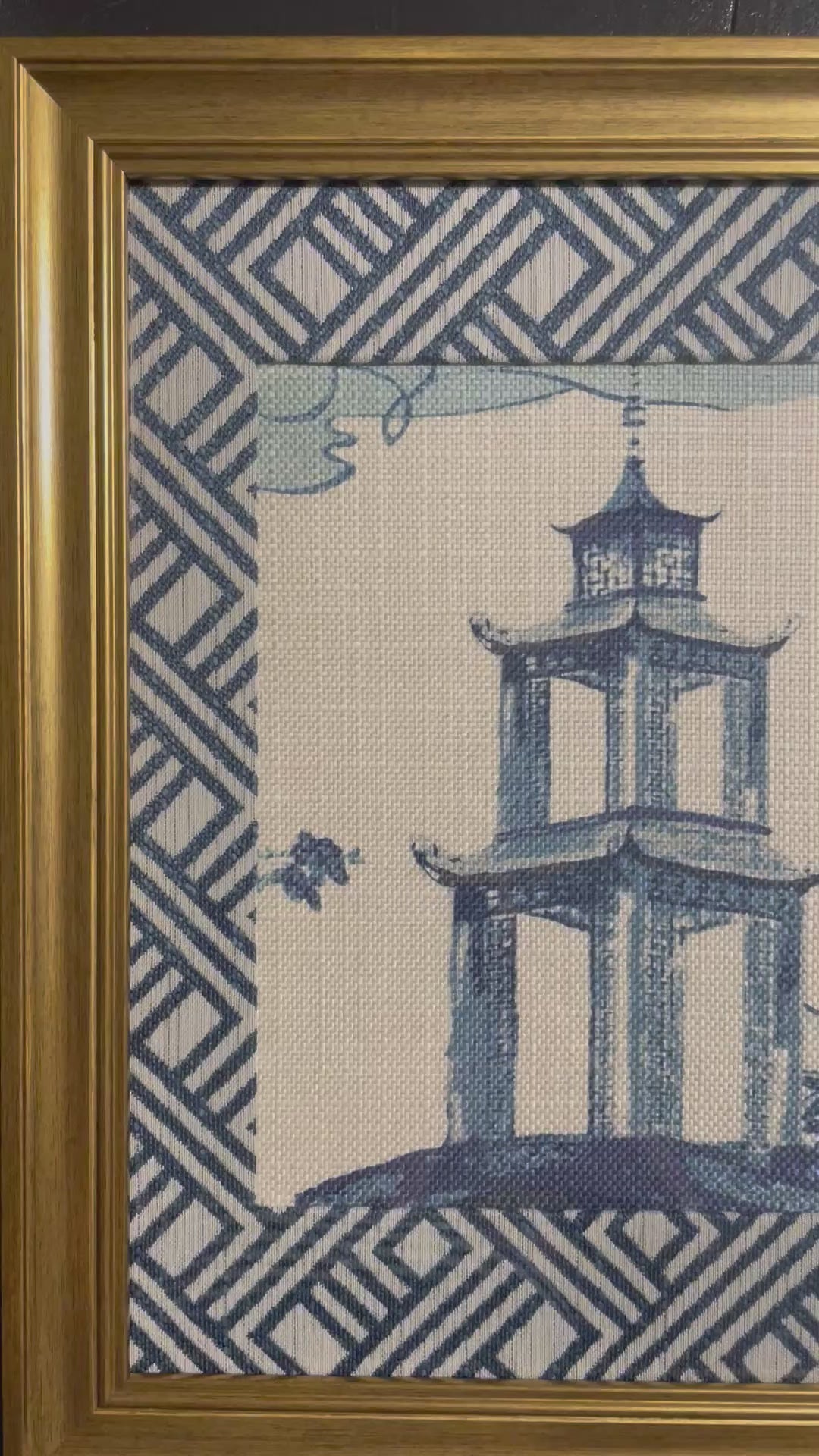 Chinoiserie Pagoda Fabric Wall Art | 13x16 Gold Frame | Zen Indigo