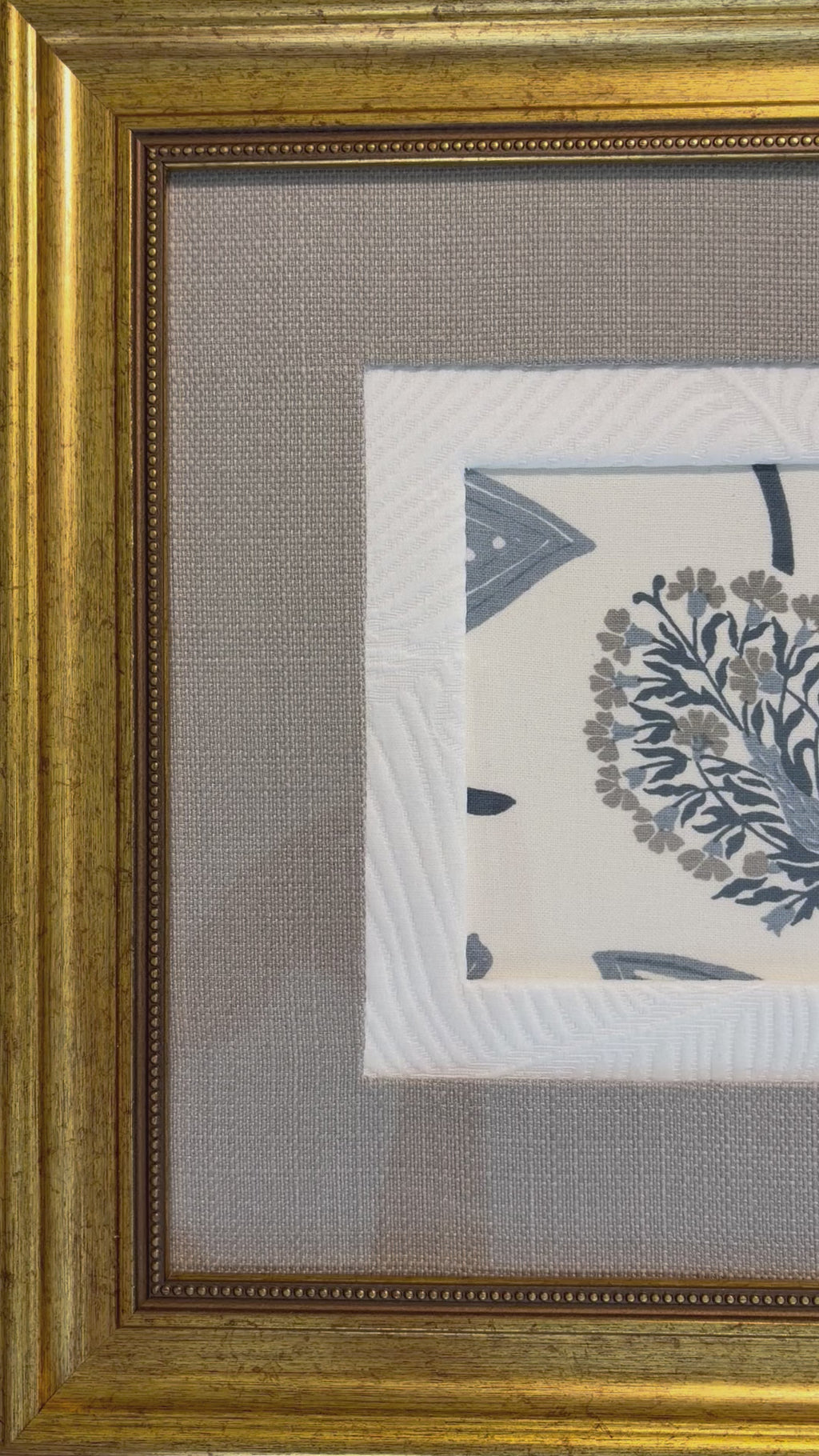 Ballard Designs Mendal Indigo Fabric Wall Art, One of a Kind Framed Textile in 15x15 Gold Frame