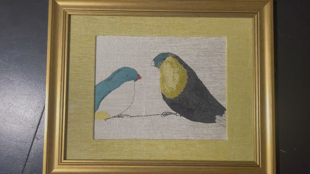 Facing Birds — Teal, White & Charcoal Fabric Wall Art, 13x16 Gold Frame