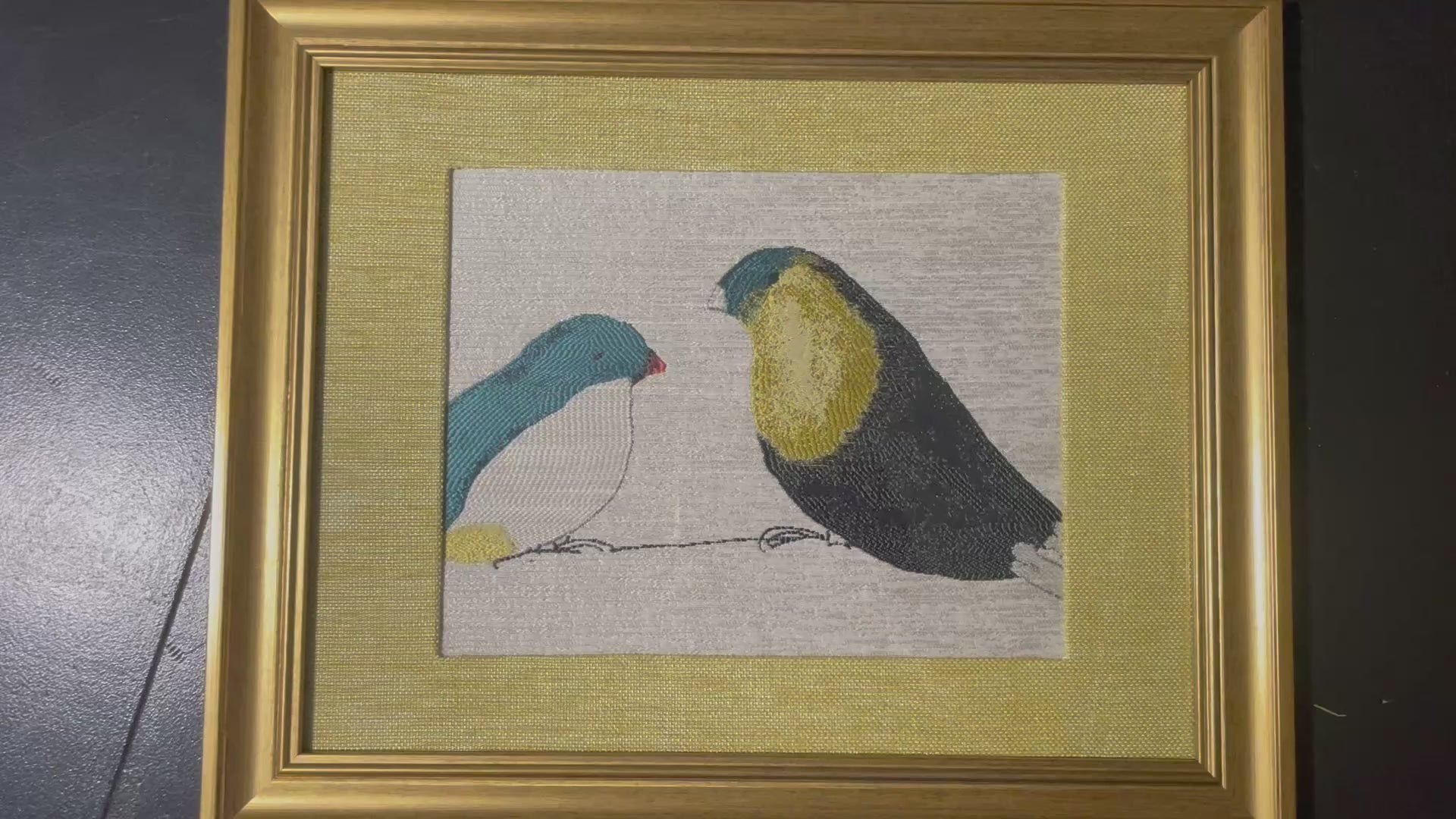 Facing Birds — Teal, White & Charcoal Fabric Wall Art, 13x16 Gold Frame