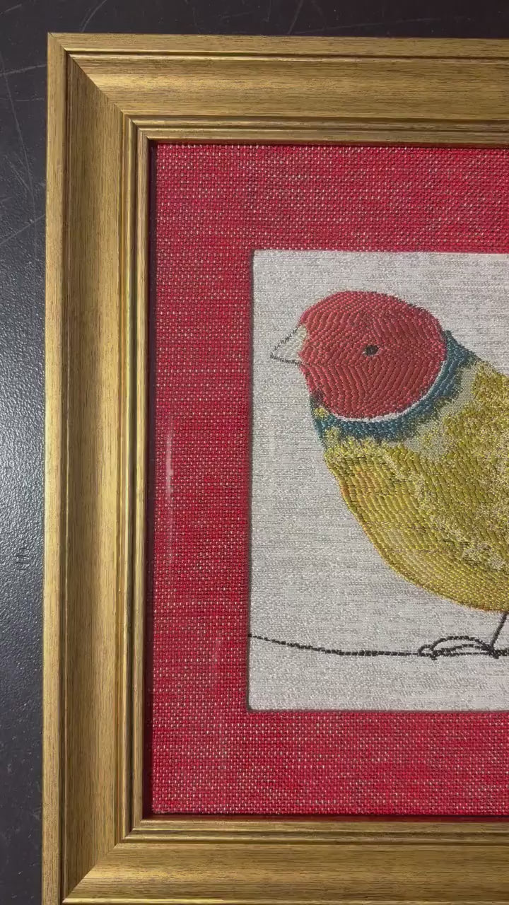 Finch Framed Wall Art — Red and Gold Fabric Mat 10 x 12 Bird Watcher Unique