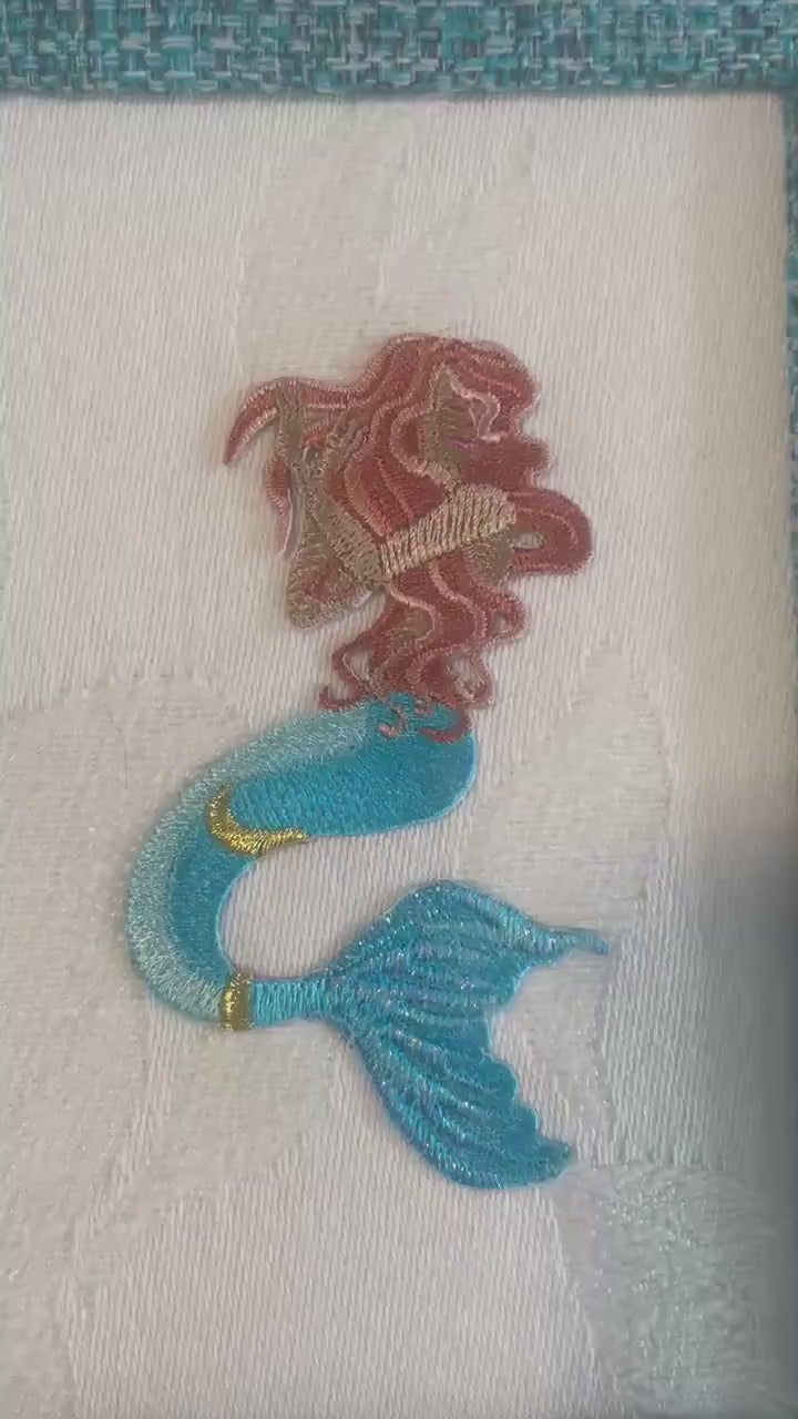 Custom Embroidered Mermaid Applique Fabric Mat - Textured White Designer Wall Art, Coastal Nursery Decor, Under the Sea Gift