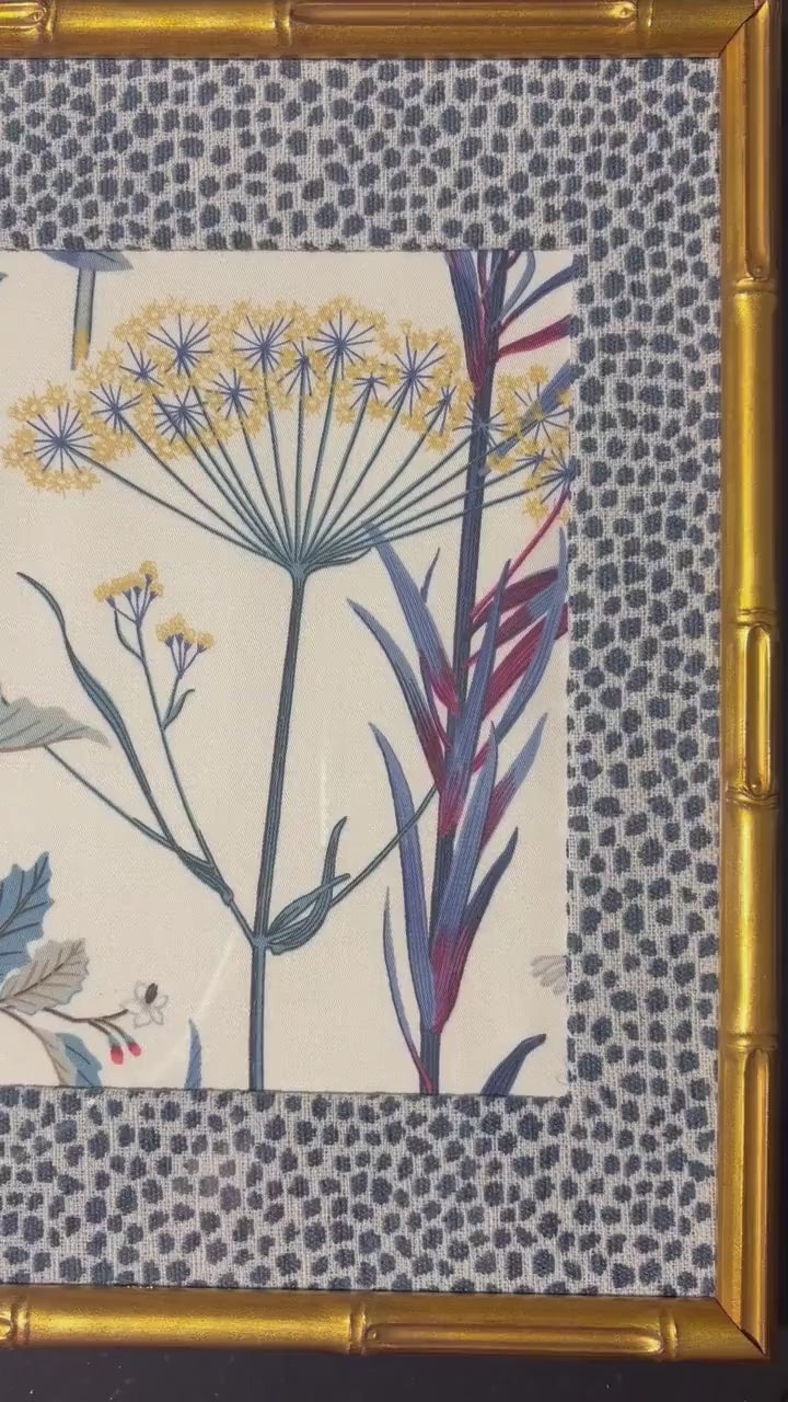 Ballard Designs Isabella Blue Botanical Garden Framed Fabric Art, Tully Mat, Gold Bamboo Frame 12x15