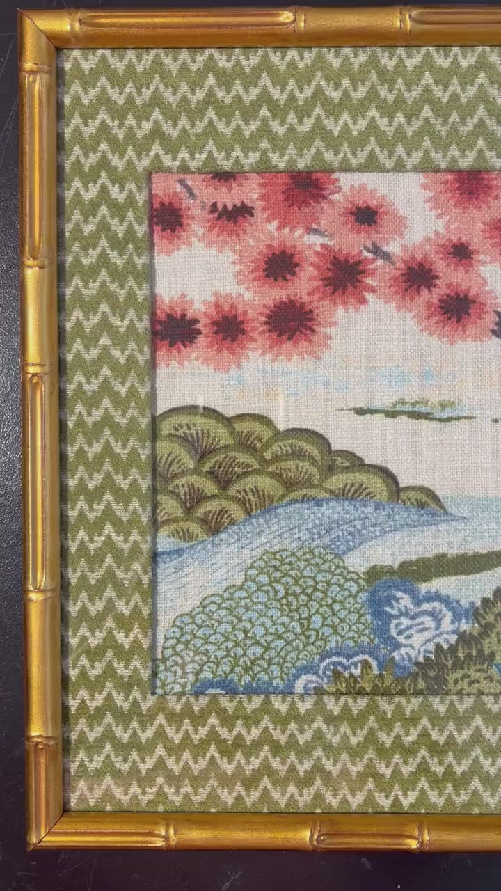 Chinoiserie Cherry Blossom Fabric Art – Wasabi Chevron Mat, Gold Bamboo Frame (12×15)