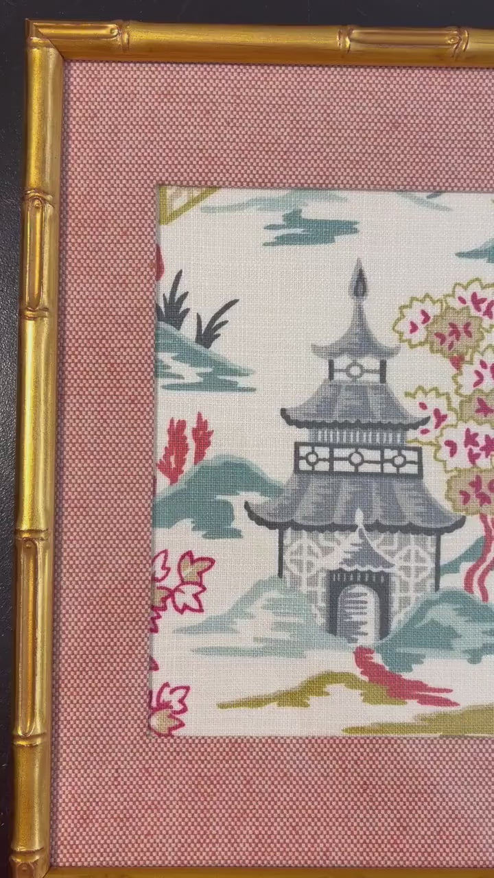 Suki Blue Chinoiserie Fabric Wall Art in Gold Bamboo Style Frame, 12x15 Ballard Designs Framed Textile Decor