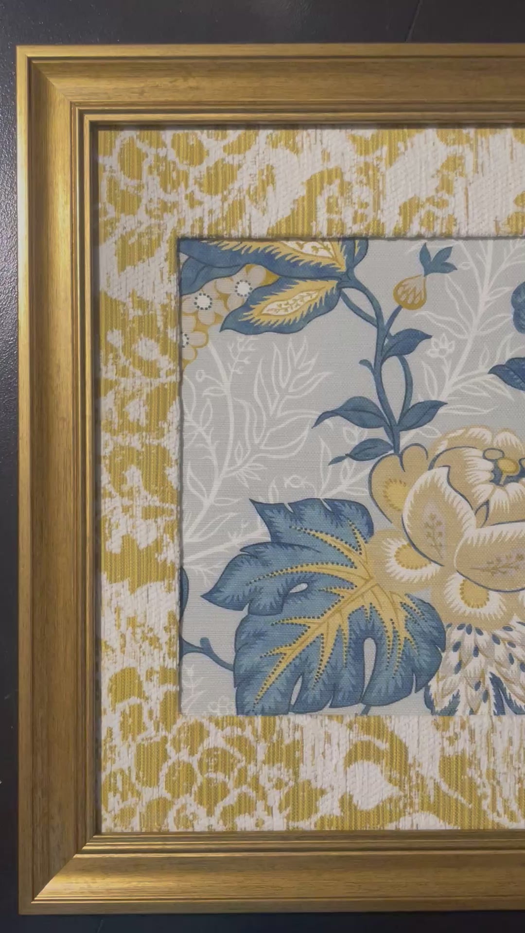 Jacobean Peony & Foliage — Welling Blue Fabric Framed Wall Art, 13x16 Gold Frame
