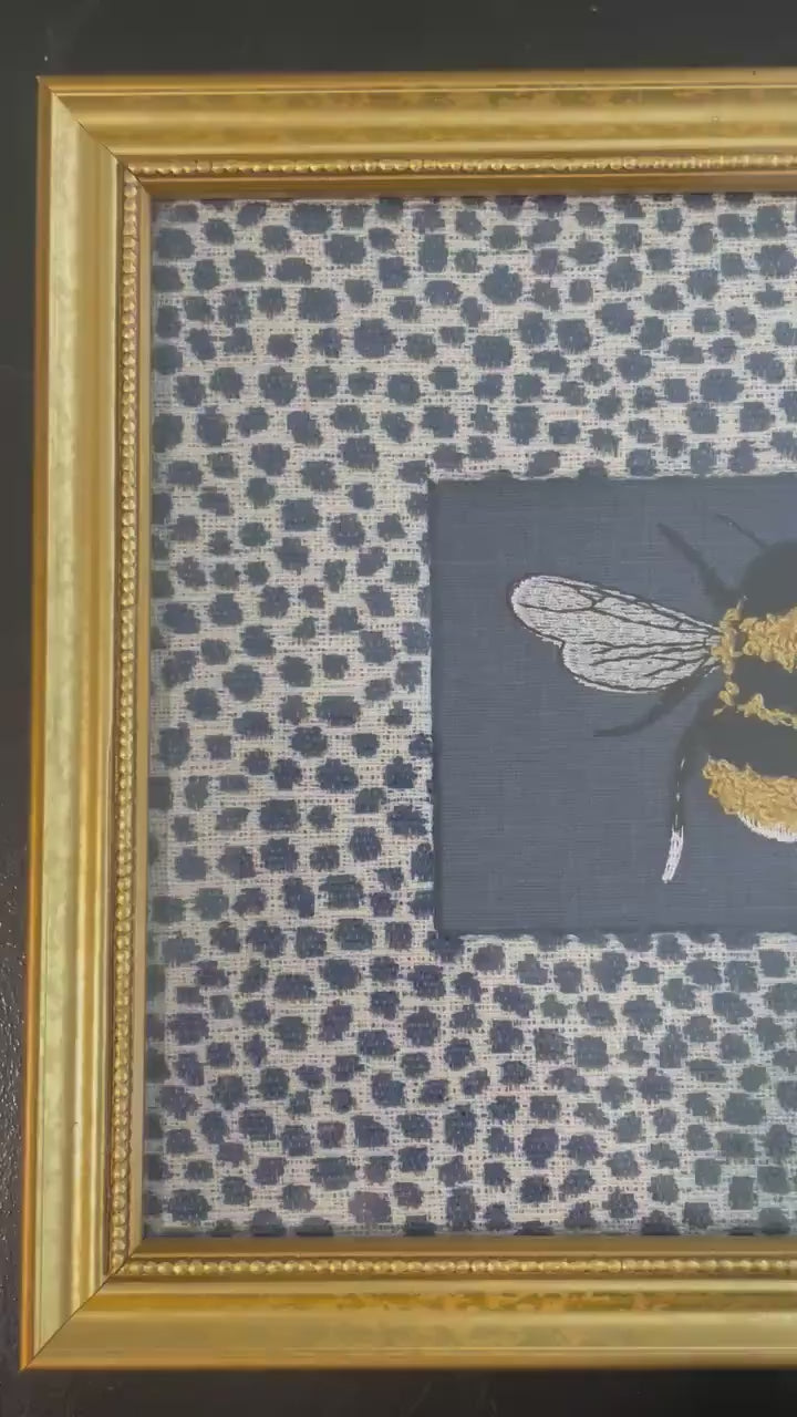 Embroidered Bee Wall Art on Ballard Designs Tully Blue Fabric Mat, Gold Frame Wall Decor