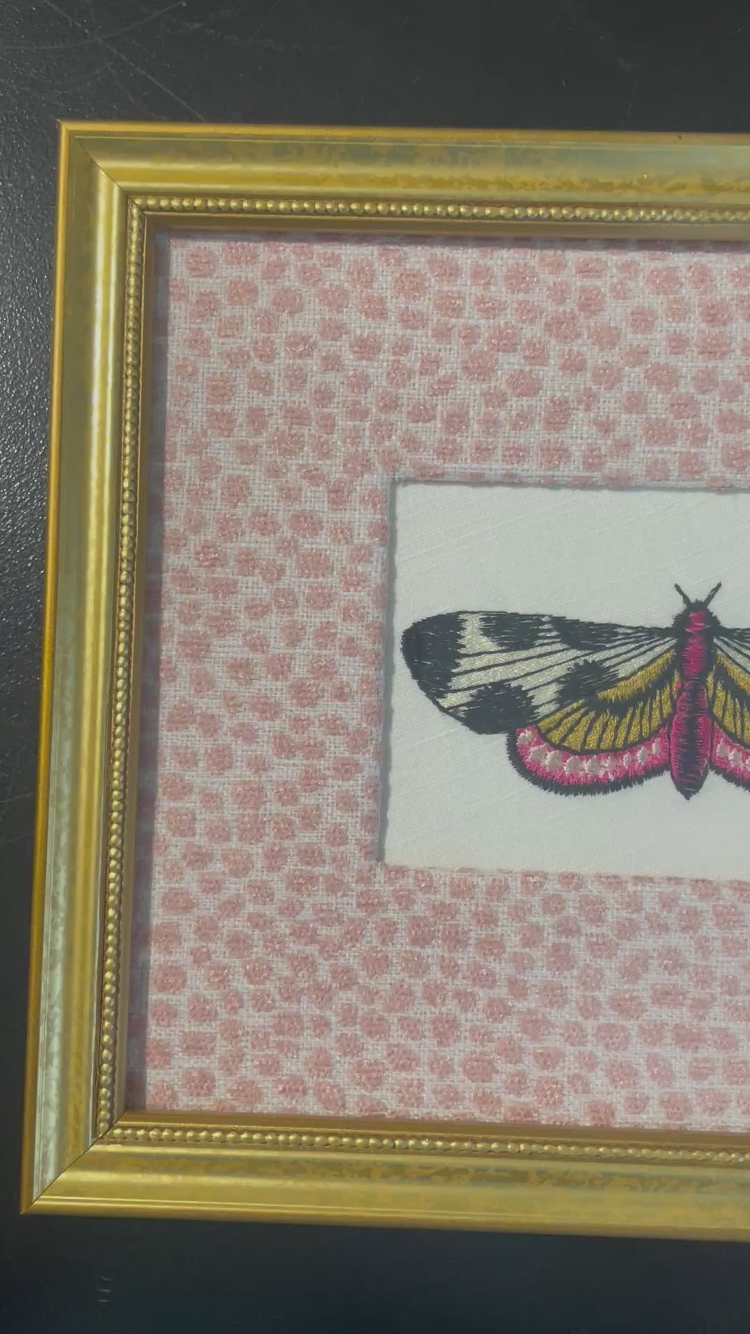 Custom Framed Embroidered Butterfly Moth Art, Ballard Designs TULLY Rose Quartz Fabric Matting