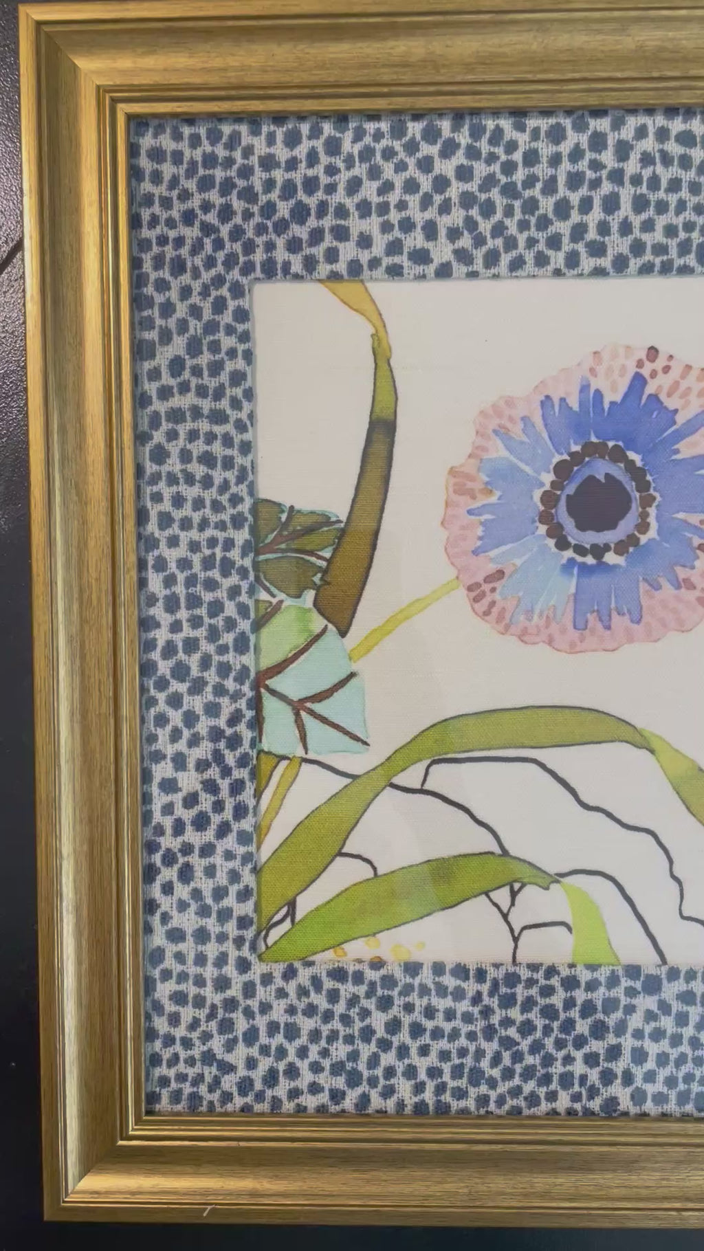 Blush & Blue Anemone — Designer Fabric Wall Art, 13x16 Gold Frame