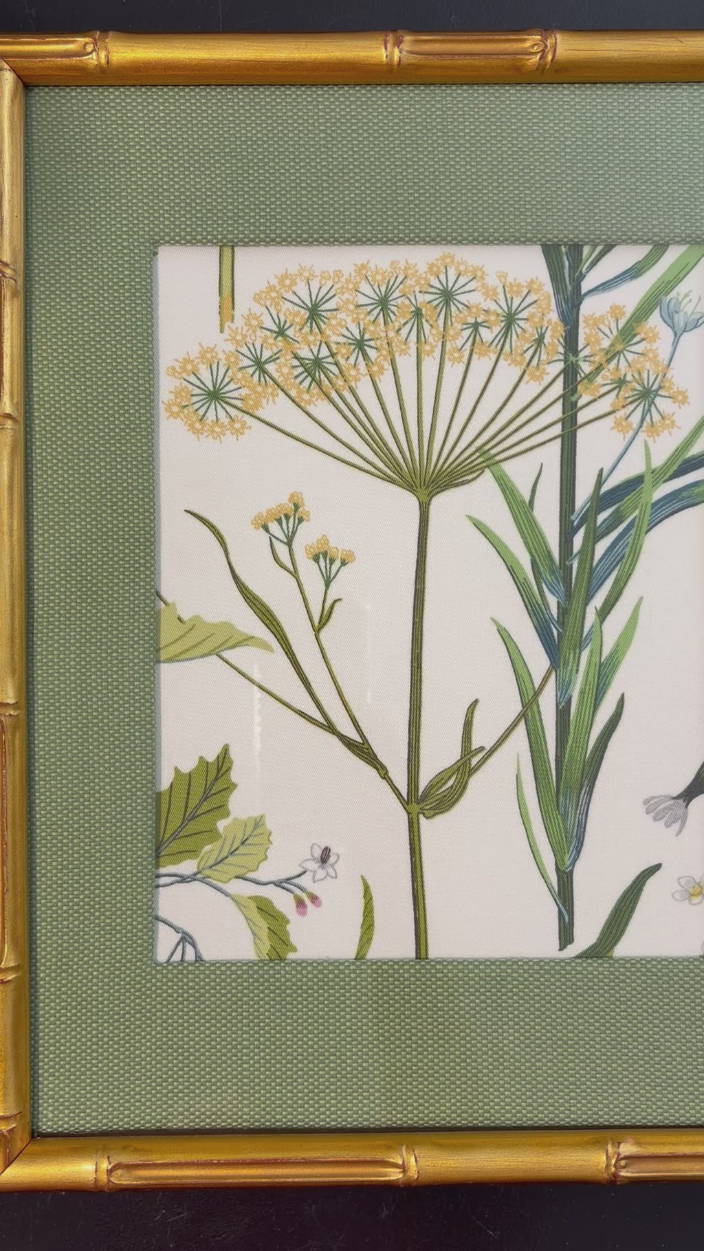 Isabella Green Yellow Botanical Fabric Art, Callen Green Mat, 12x15 Gold Frame