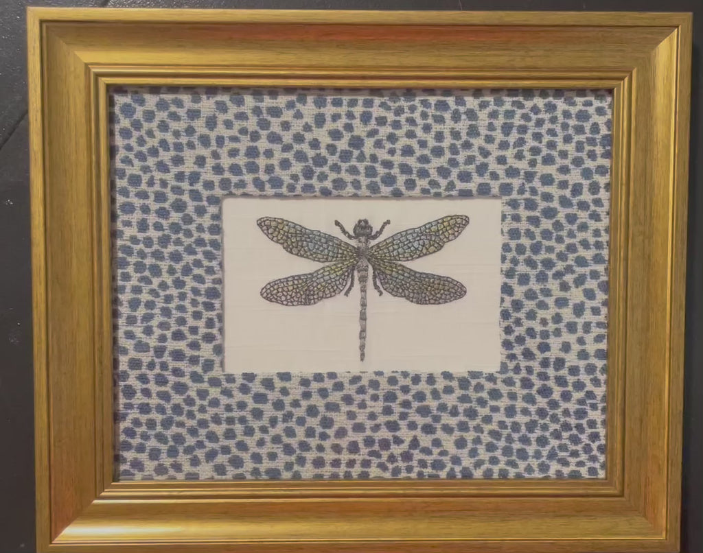 Embroidered Dragonfly Wall Art — Gold Frame with Ballard Designs Blue Tully Fabric Mat