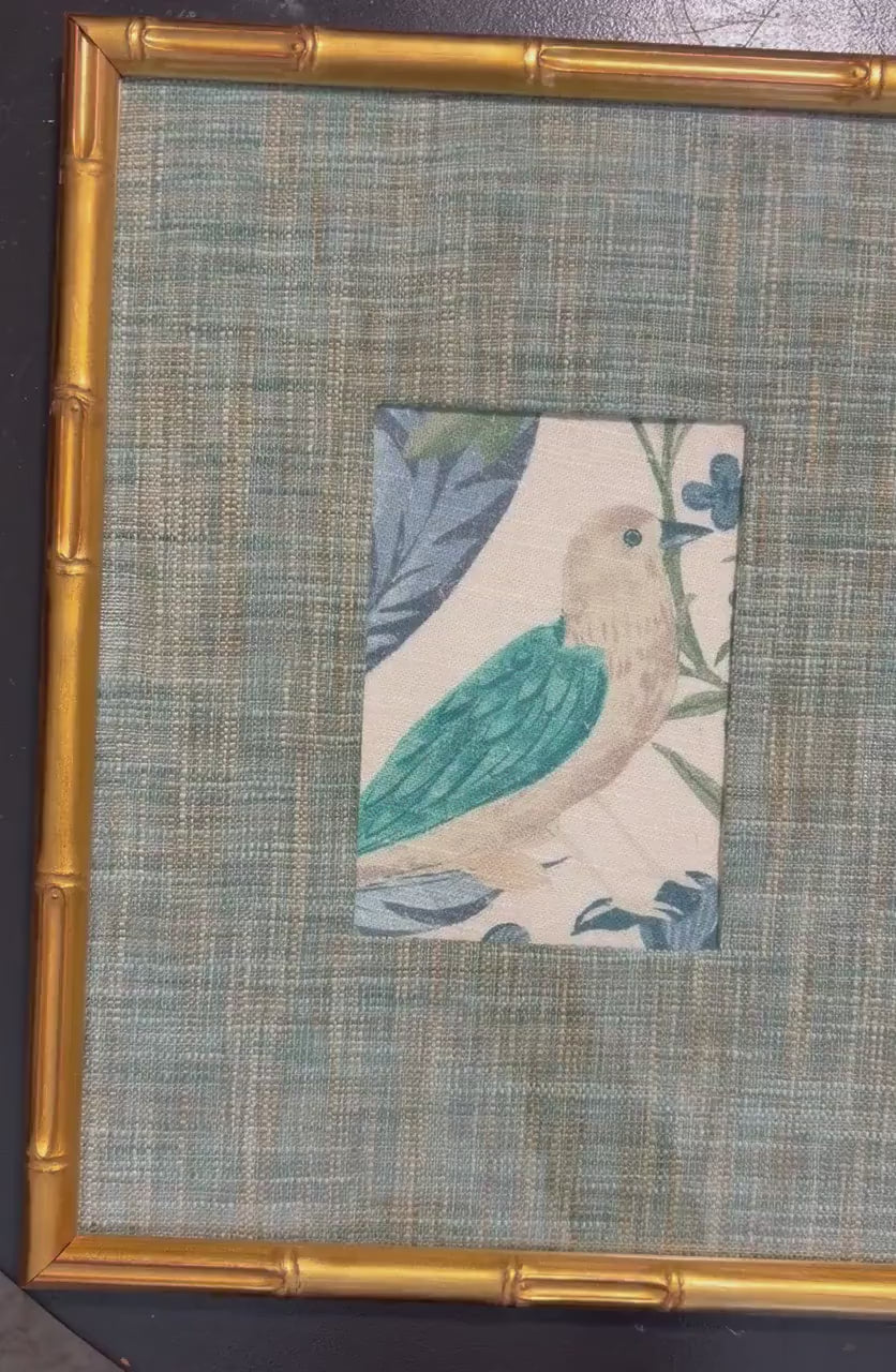 Fabric Bird Wall Art Pair - Blue & Brown Textured Mat with Gold Bamboo Frame Set