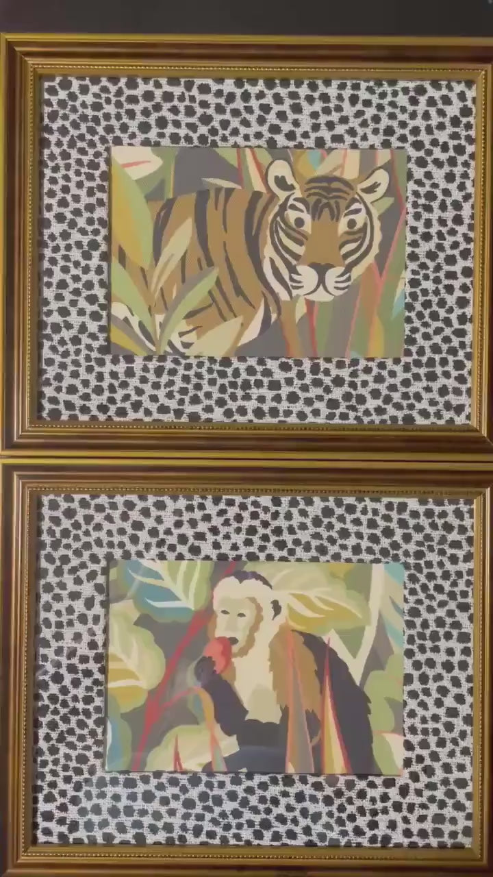 Pair of Safari Fabric Art – Tiger, Monkey, Ballard Designs Ebony Tully fabric mat