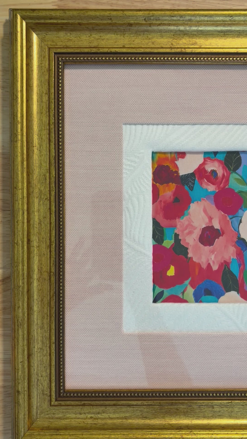 Colorful Floral Fabric Wall Art in Gold Frame - 15x15 Framed Textile Decor