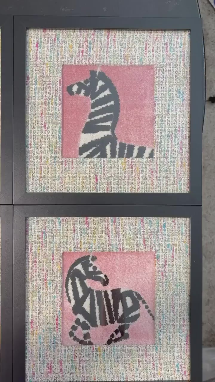Set of 4 Pink Zebra Wall Art, Velvet Textile Gallery Decor, Custom Framed Wildlife Animal Theme for Living Room, Bedroom, Nursery