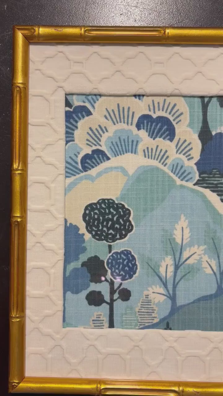 Pair of Framed Washburn Mediterranean Fabric Wall Art — Blue & White Garden Landscape, 12×15 Gold Bamboo Frame Textile Art
