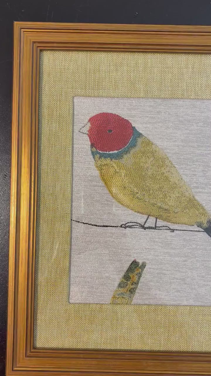 Red-Headed Songbird Portrait Fabric Wall Art in 13x16 Gold Frame