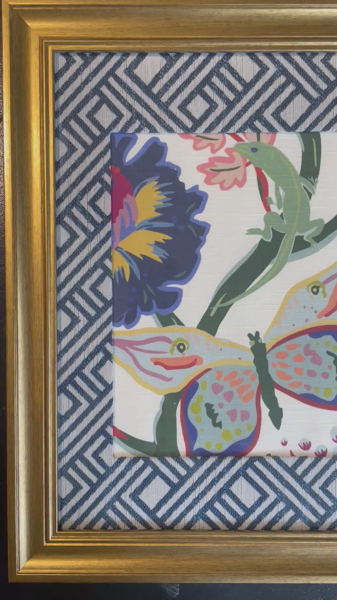 Ballard Designs Butterfly & Lizard Fabric Framed Wall Art — 13x16 Gold Frame