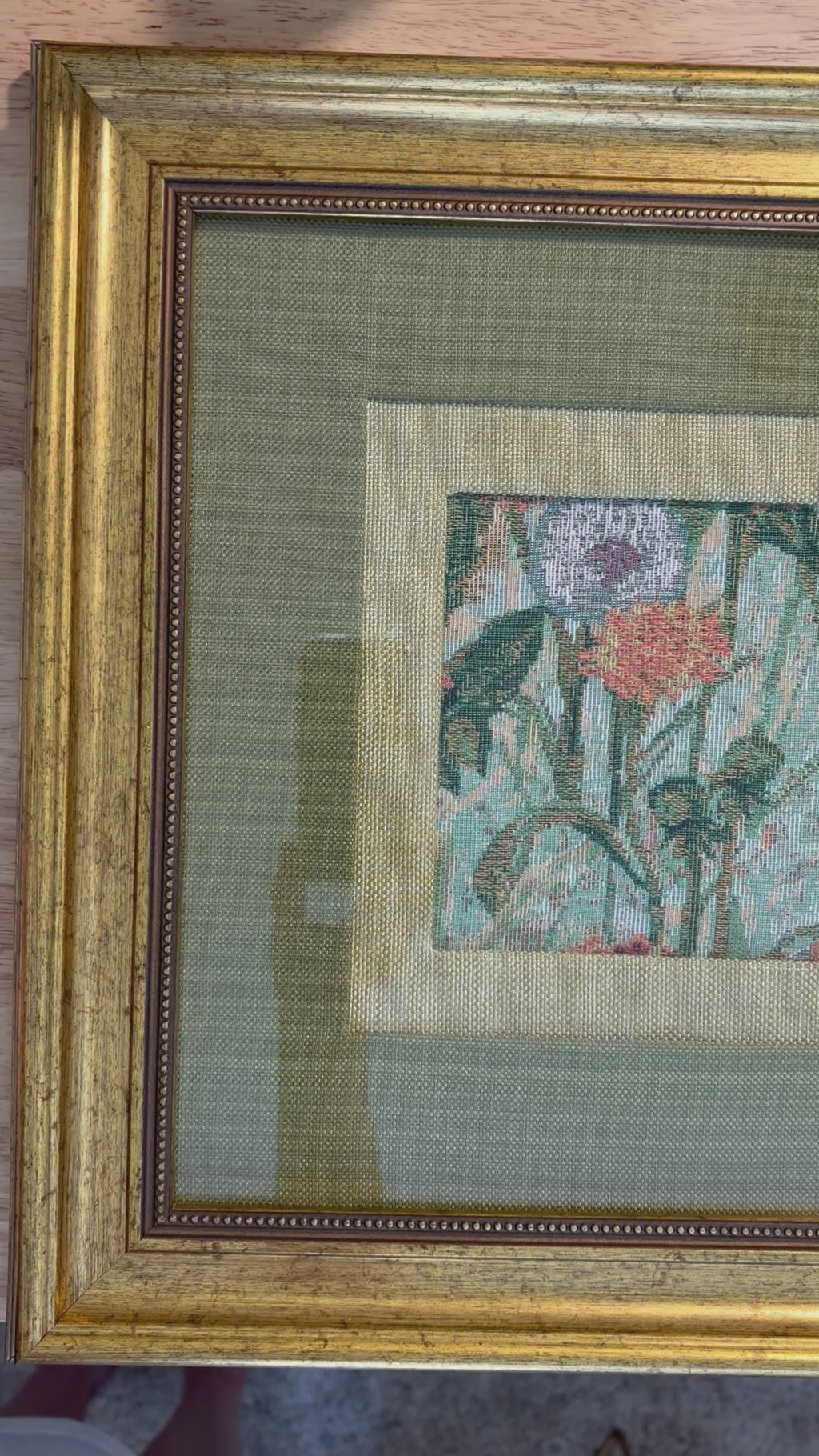 Floral Jacquard Fabric Wall Art, Double Mat, Gold Frame, 15x15