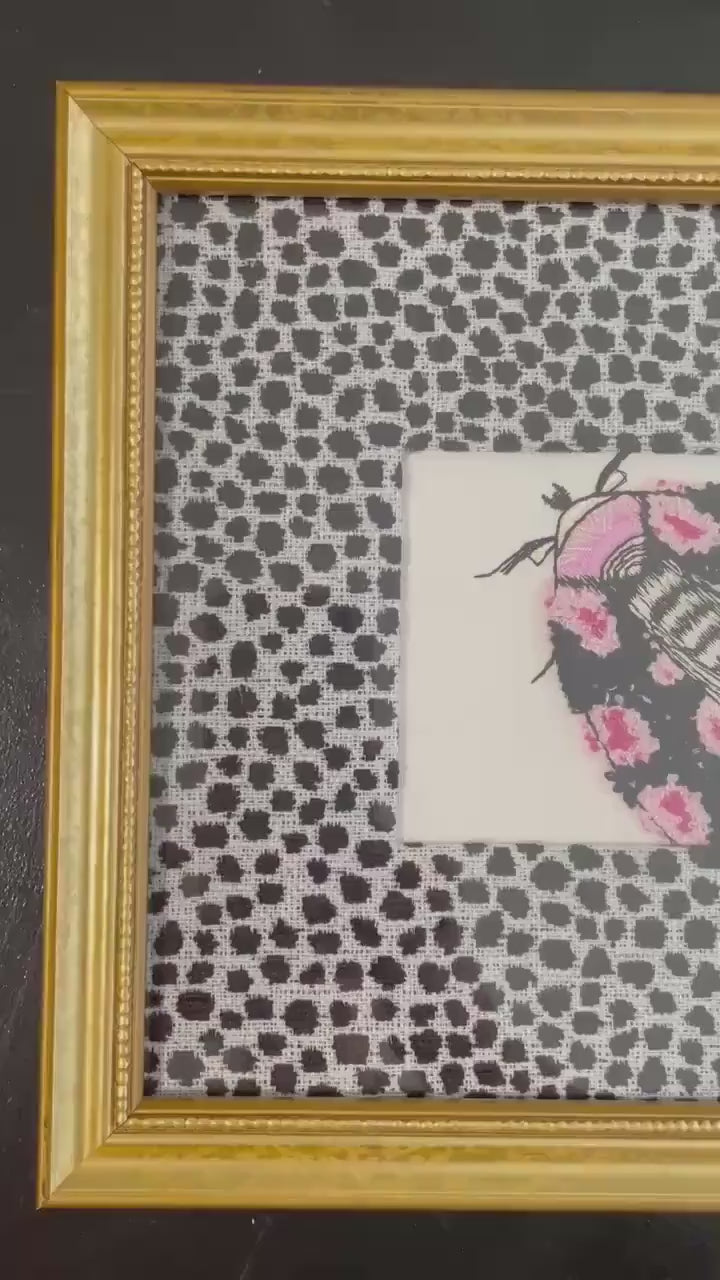 Embroidered Boucle Moth Art in Gold Frame, Ebony Ballard Tully Fabric Mat, Whimsical Entomology Wall Decor